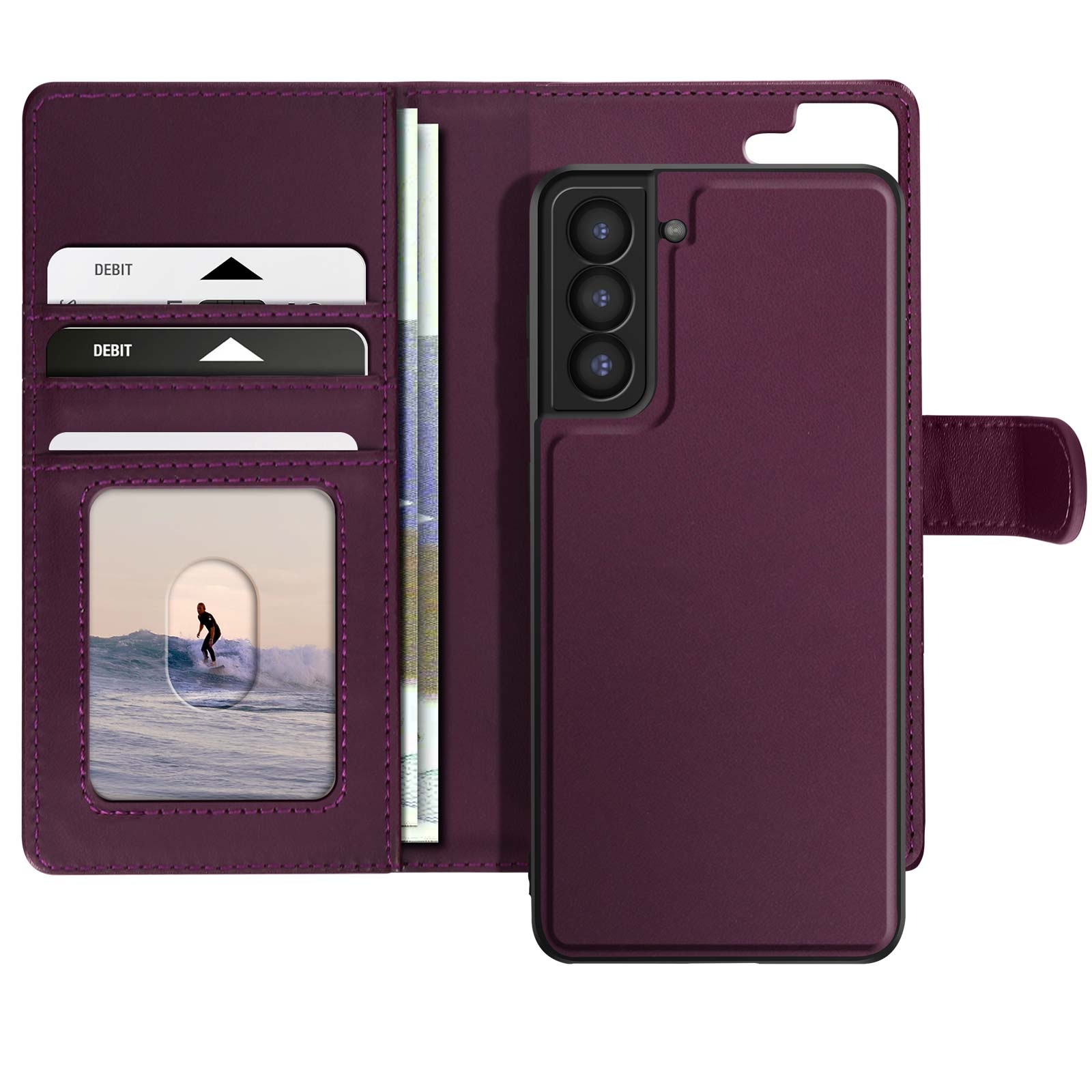 Custodia viola per telefono con carte e denaro all'interno.