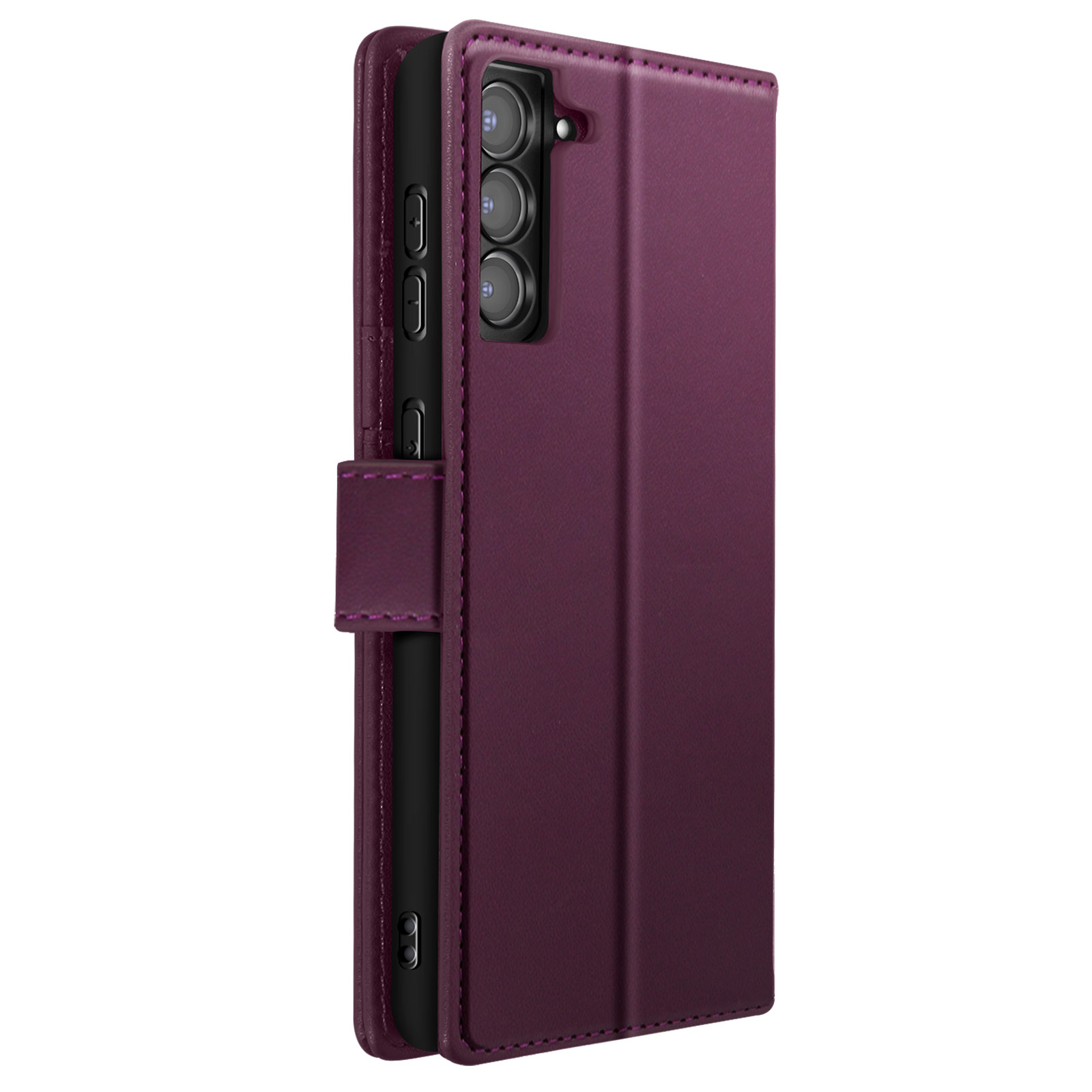 Custodia per telefono viola chiusa. Vista laterale del telefono e della fotocamera.