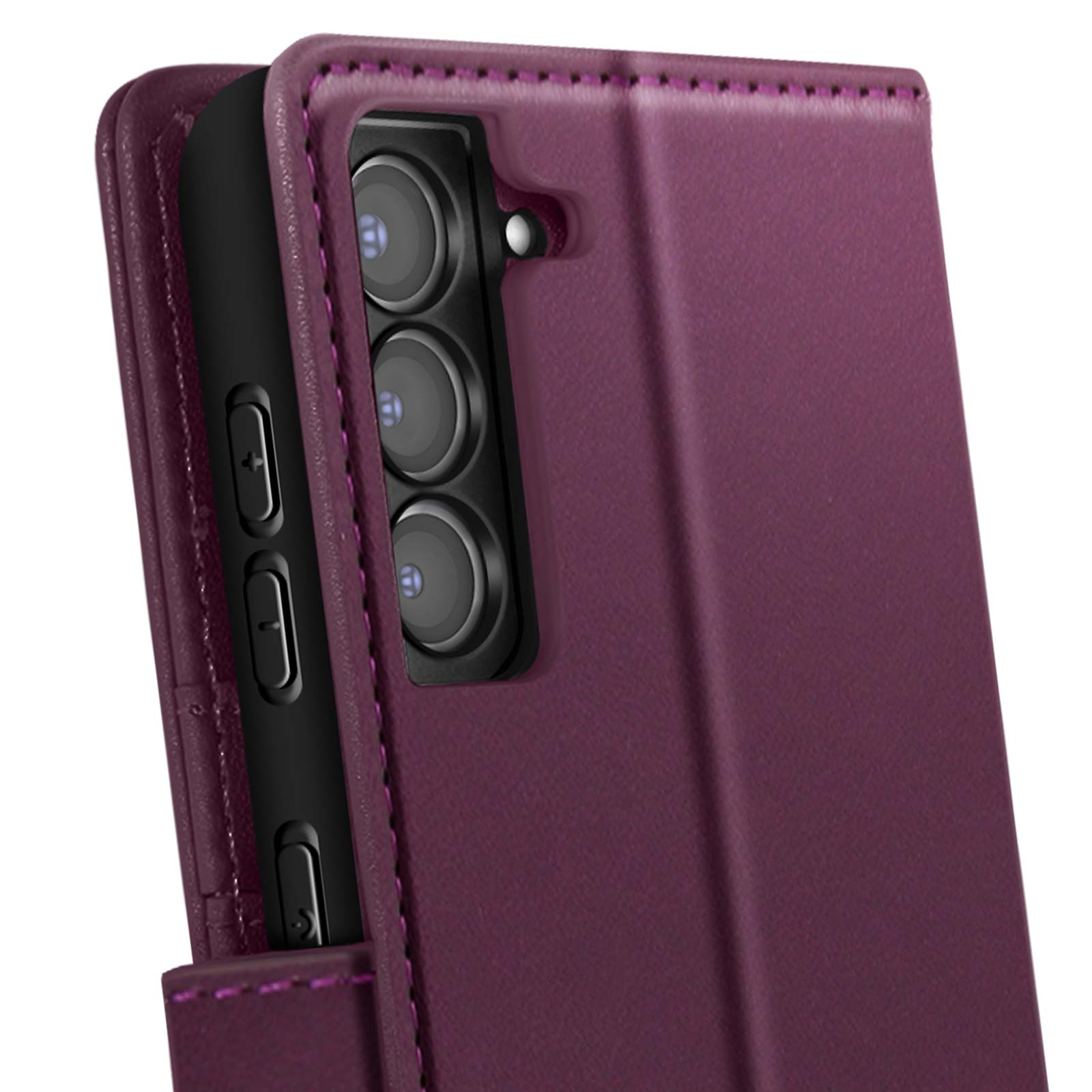 Custodia viola aperta, con un telefono nero all'interno. Tre lenti della fotocamera sono visibili.