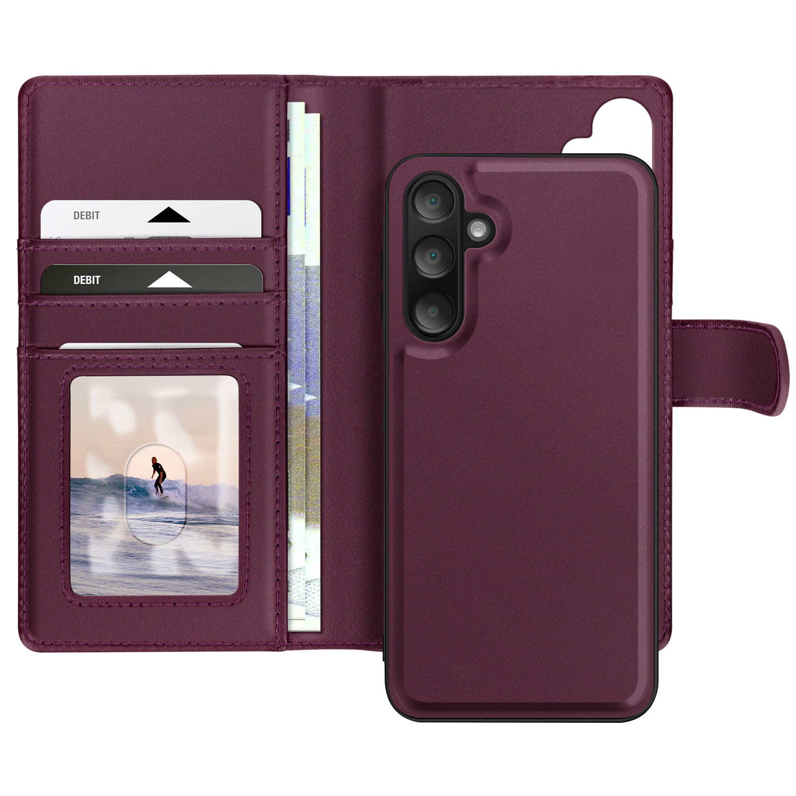 Custodia per telefono viola aperta che mostra carte, denaro e foto surfista.