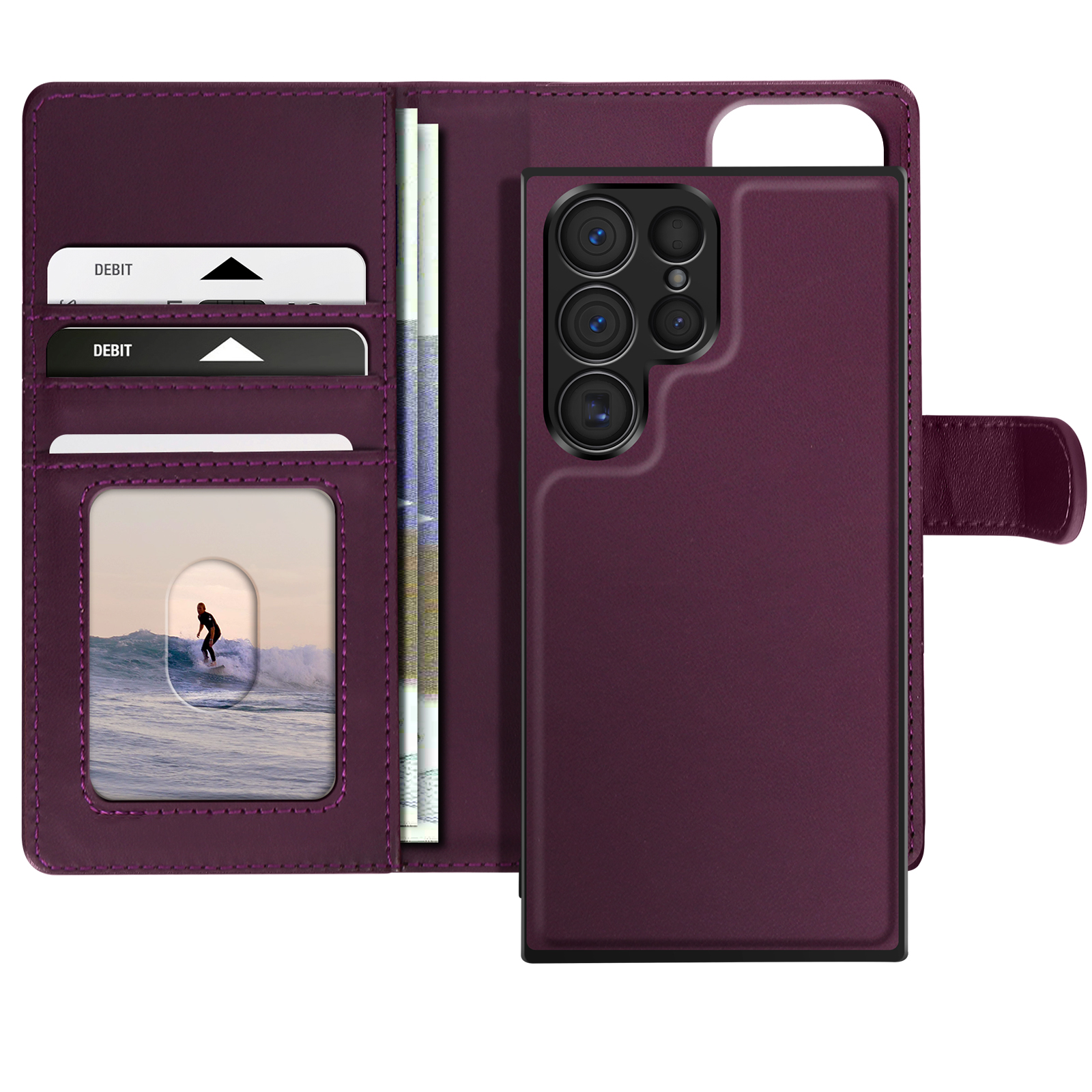 Custodia per telefono viola con scomparti per carte, denaro e un telefono con fotocamera visibile.