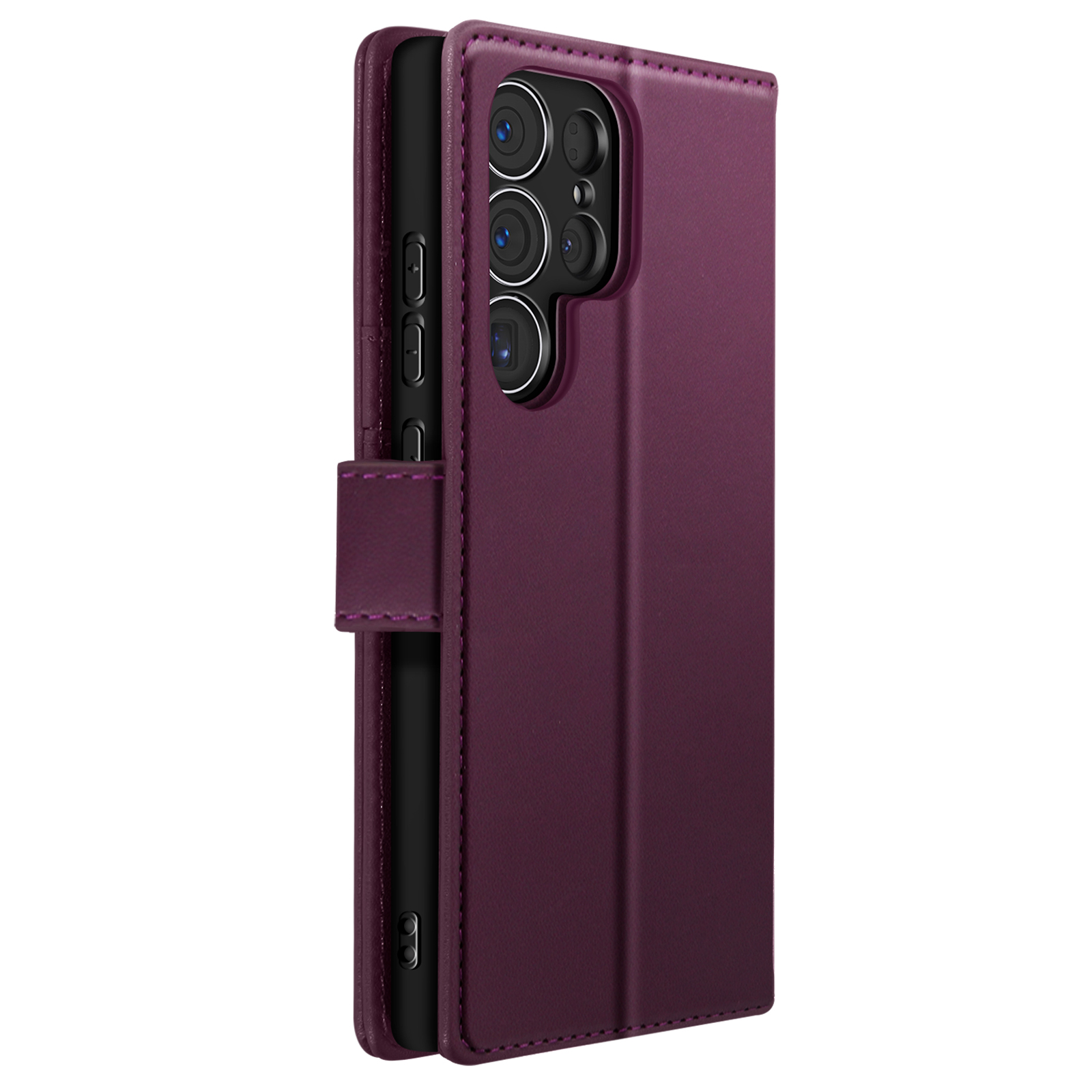 Custodia per telefono viola chiusa. Dispone di una chiusura magnetica.