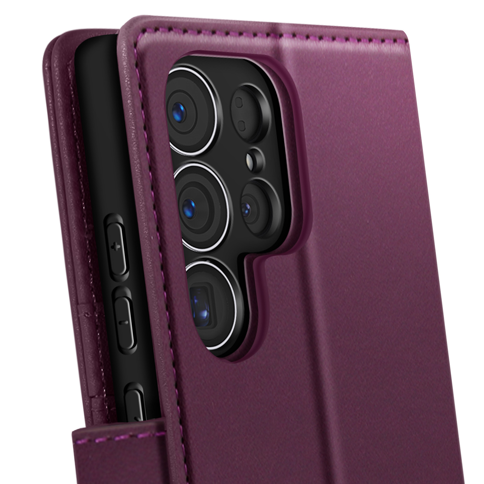 Primo piano di custodia rossa scuro con telefono all'interno, che mostra le lenti della fotocamera.