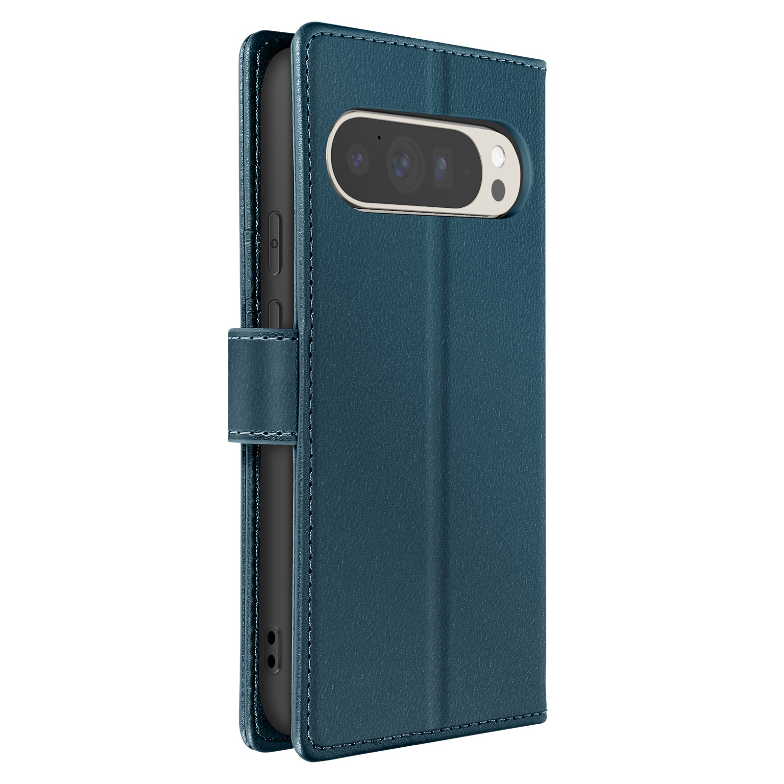 Custodia per telefono verde acqua scuro con telefono, che mostra la fotocamera, su sfondo bianco.