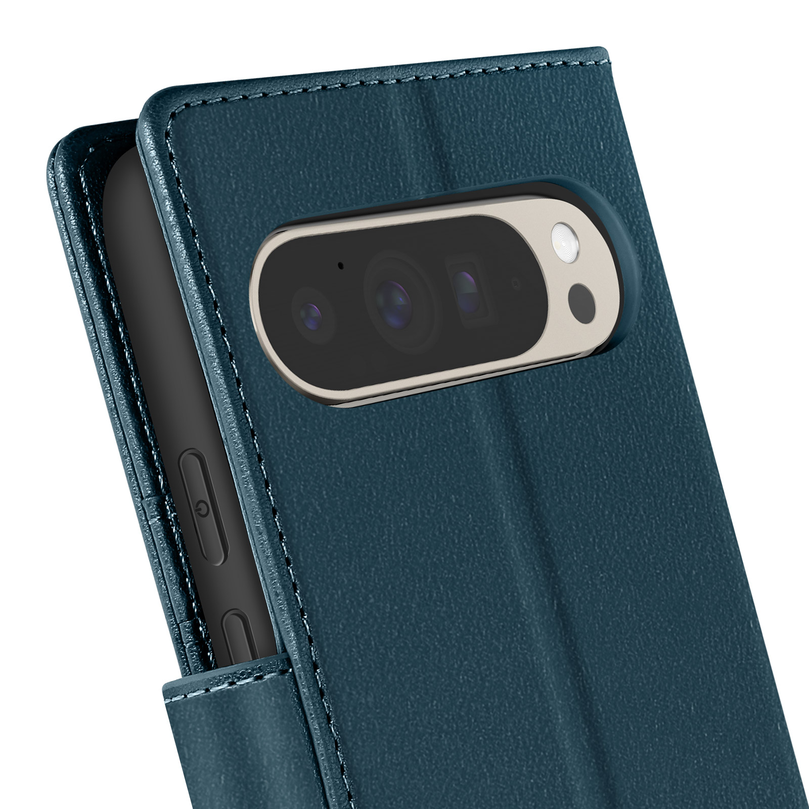 Primo piano di custodia blu scuro, che mostra la fotocamera e il telefono.