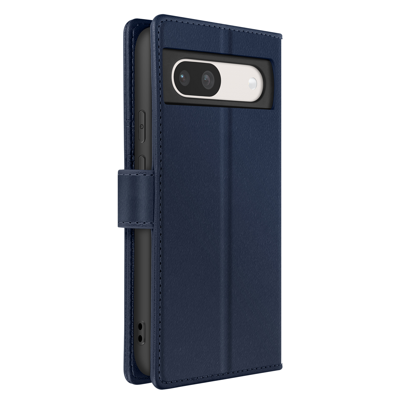 Custodia per telefono in pelle blu con una cover, che tiene un telefono con fotocamera visibile.
