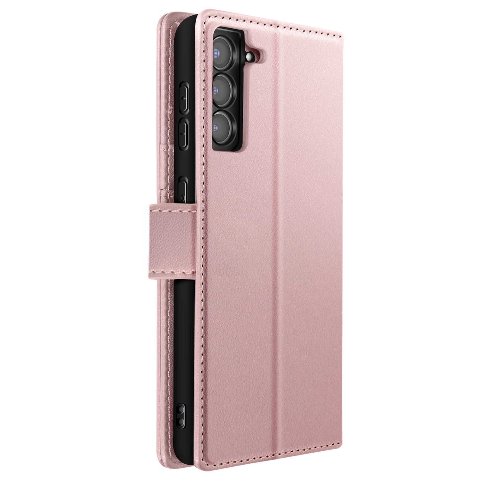 Rosa Handyhülle mit Handy. Geschlossener Deckel und Kartenschlitze sichtbar.