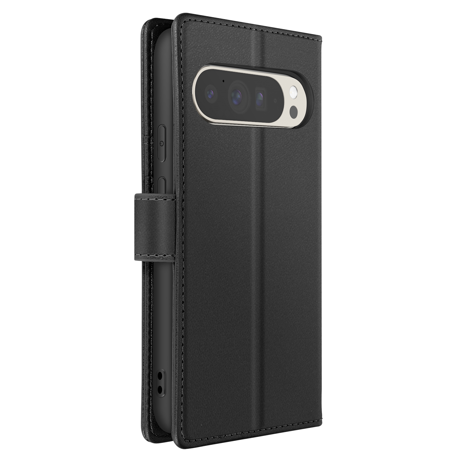 Zwart telefoonhoesje met telefoon erin. Gesloten hoes met camera zichtbaar.