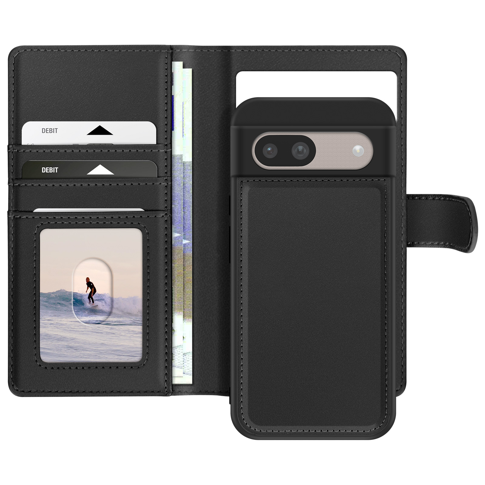 Custodia per telefono nera, aperta per rivelare carte, denaro e una foto di un surfista.