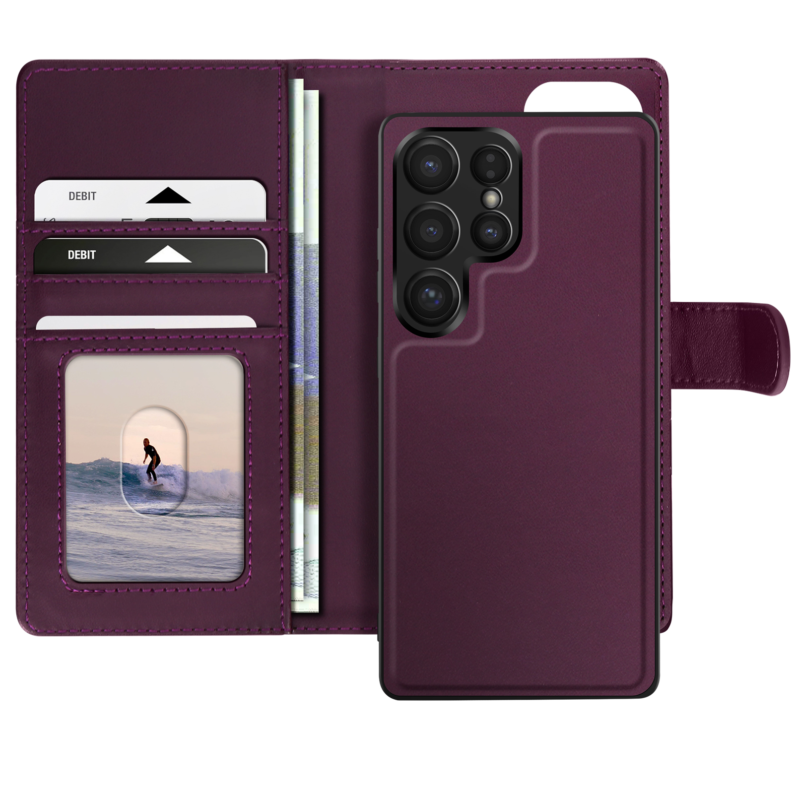 Custodia viola aperta, con scomparti per carte, carte di debito e foto di un surfista.