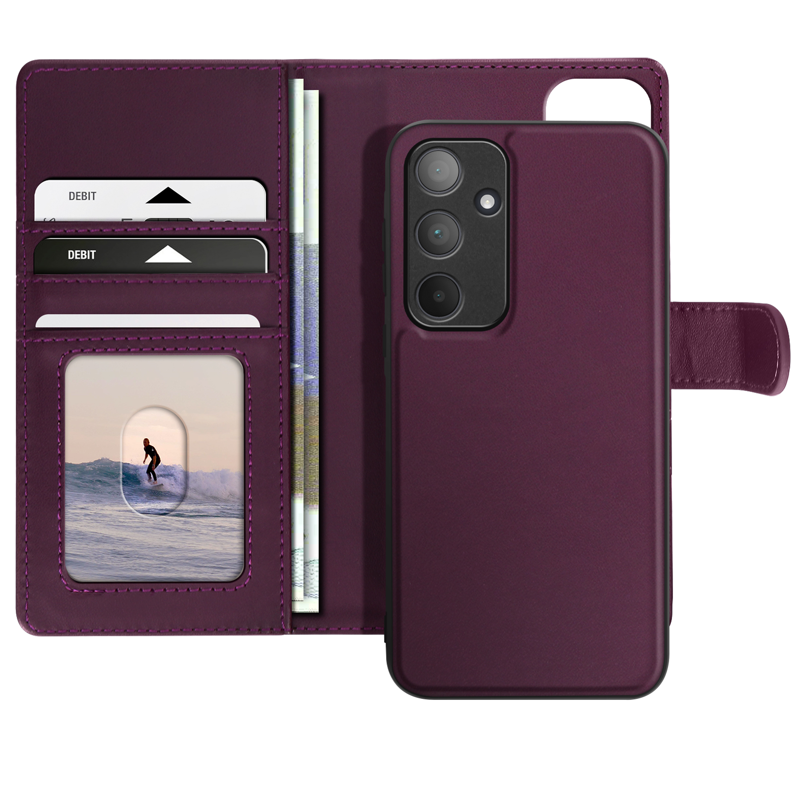 Custodia per telefono viola aperta che mostra carte, denaro e un telefono con immagine di surf.