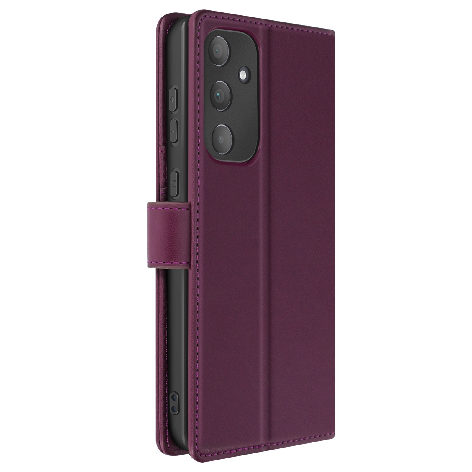 Custodia per telefono viola con telefono all'interno. Ha un lembo e una chiusura magnetica.