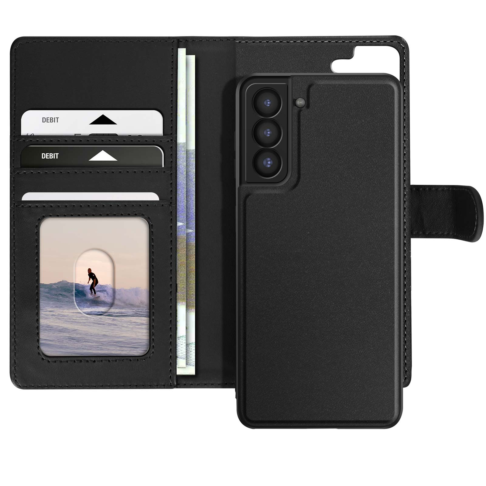 Custodia per telefono nera aperta che mostra carte, denaro e un telefono con immagine di surf.