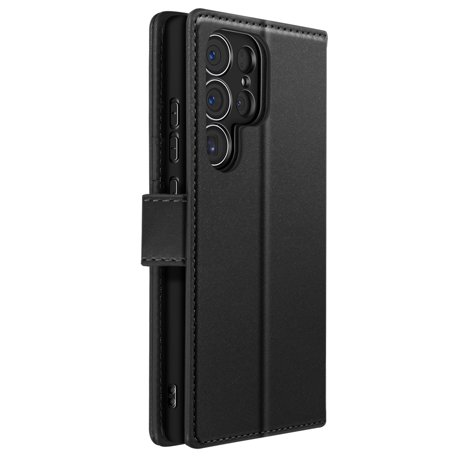 Custodia per telefono in pelle nera, aperta, mostra il telefono e gli slot.