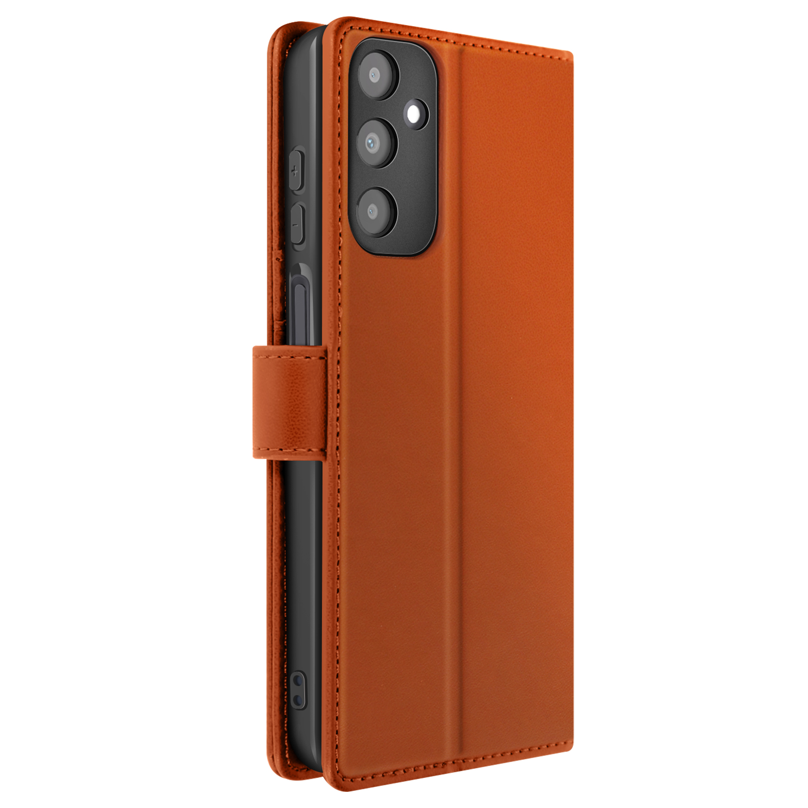 Custodia arancione, chiusa. Tre obiettivi visibili. Chiusura magnetica.
