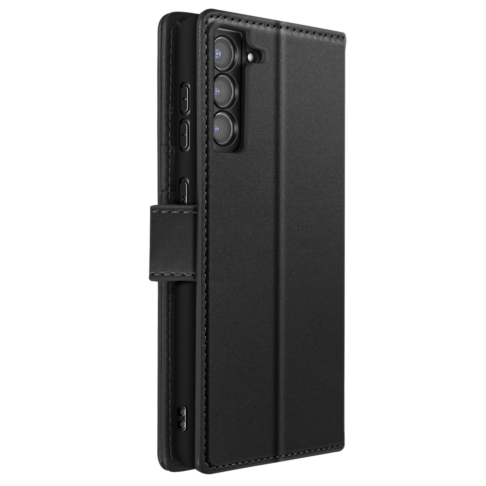 Custodia per telefono nera, chiusa. Tre obiettivi della fotocamera visibili. La custodia ha una chiusura magnetica.