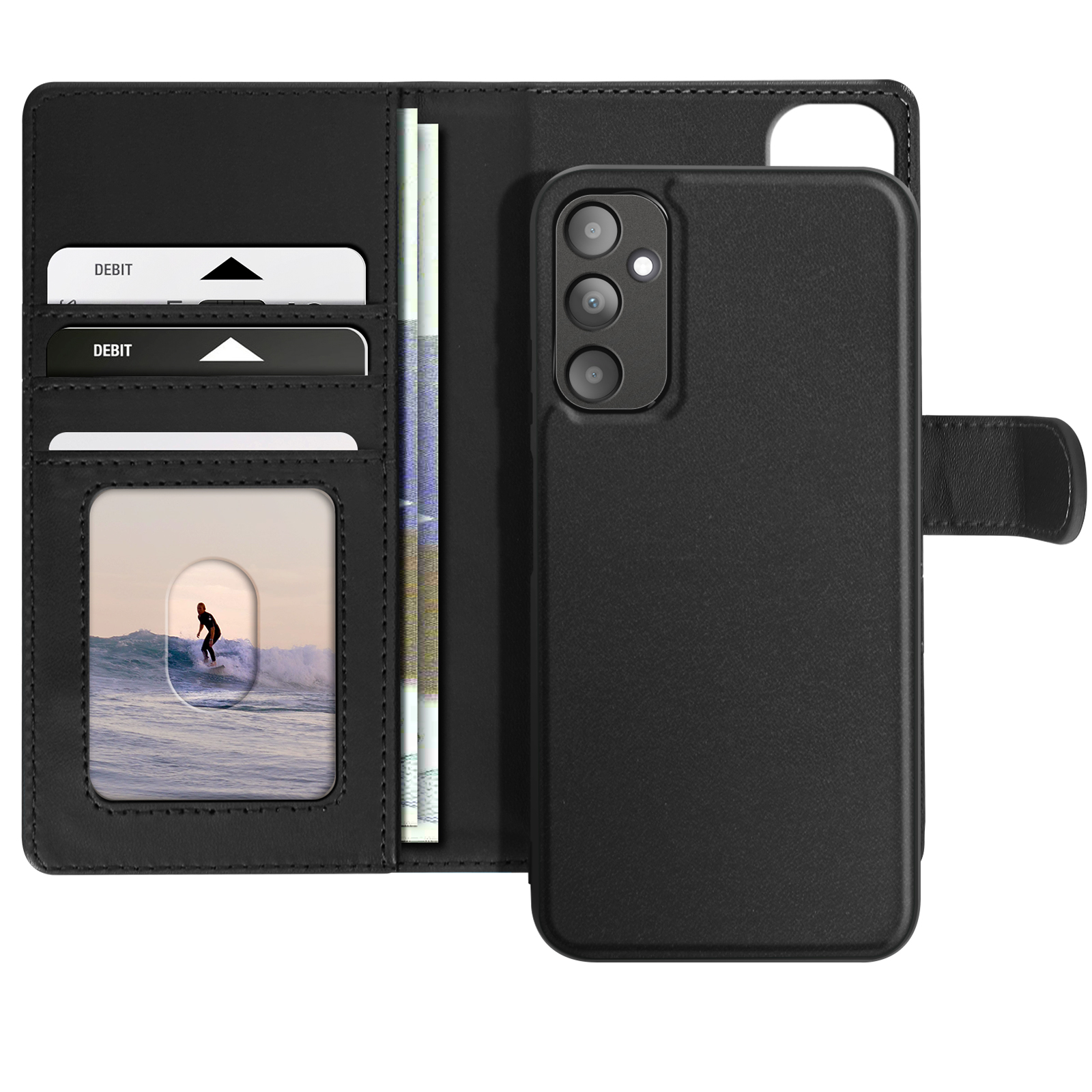 Custodia aperta, con carte e surfista. Custodia nera con chiusura magnetica.