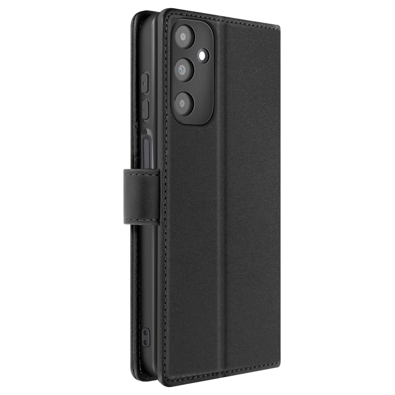 Custodia per telefono nera, chiusa, con gruppo fotocamere.