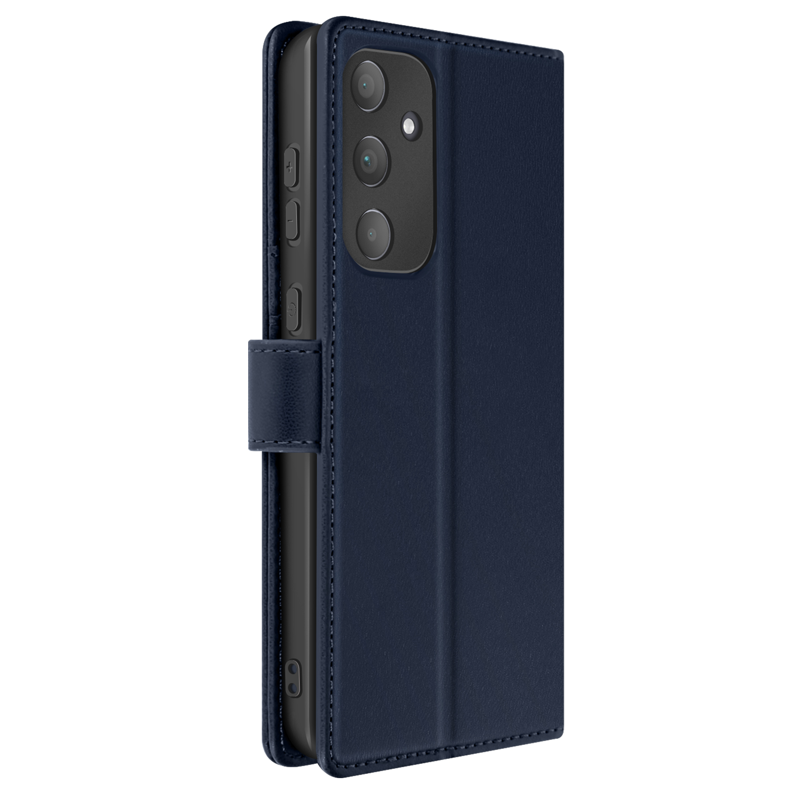 Custodia blu navy, chiusa. Tre obiettivi visibili. Chiusura magnetica.