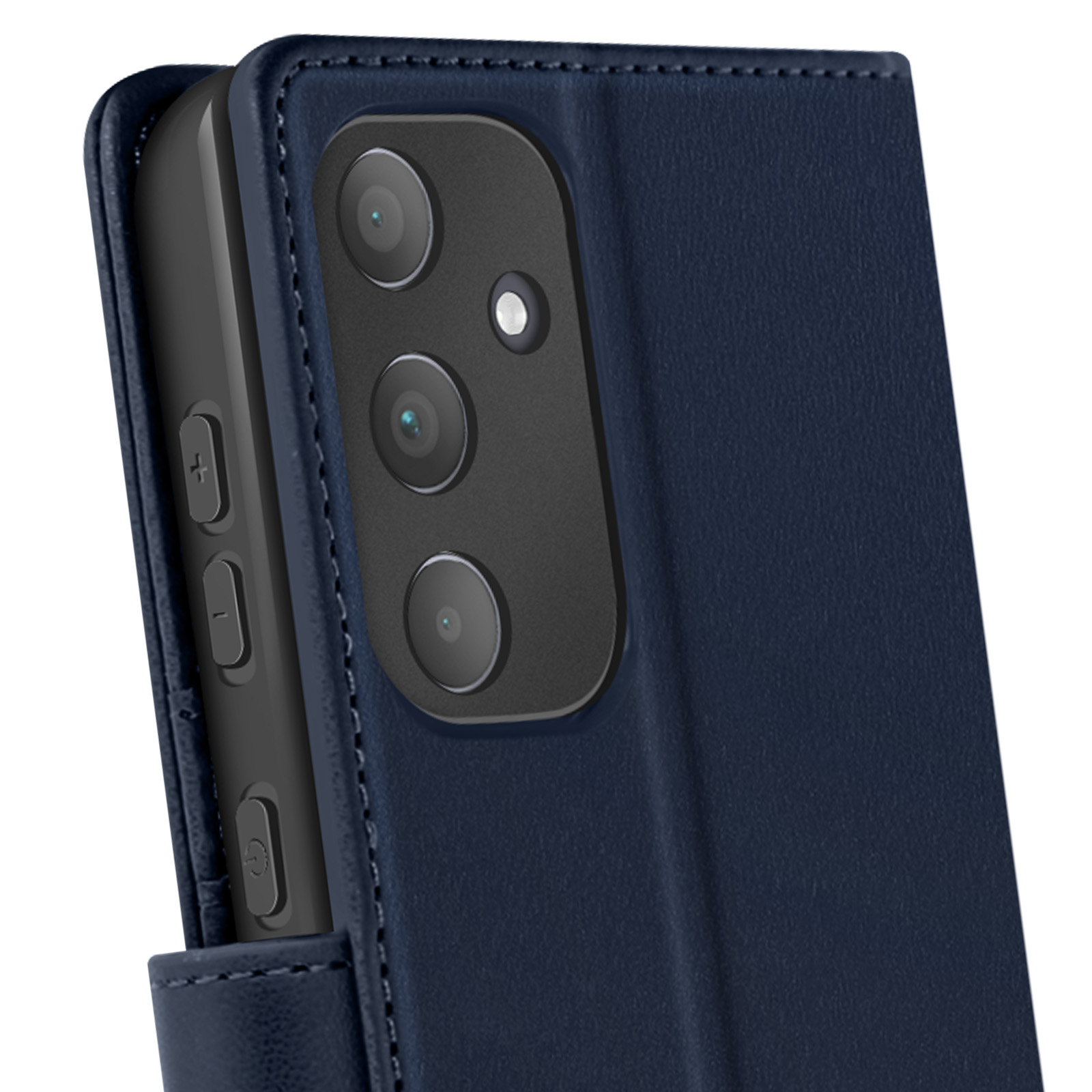 Custodia blu navy, primo piano delle lenti della fotocamera.