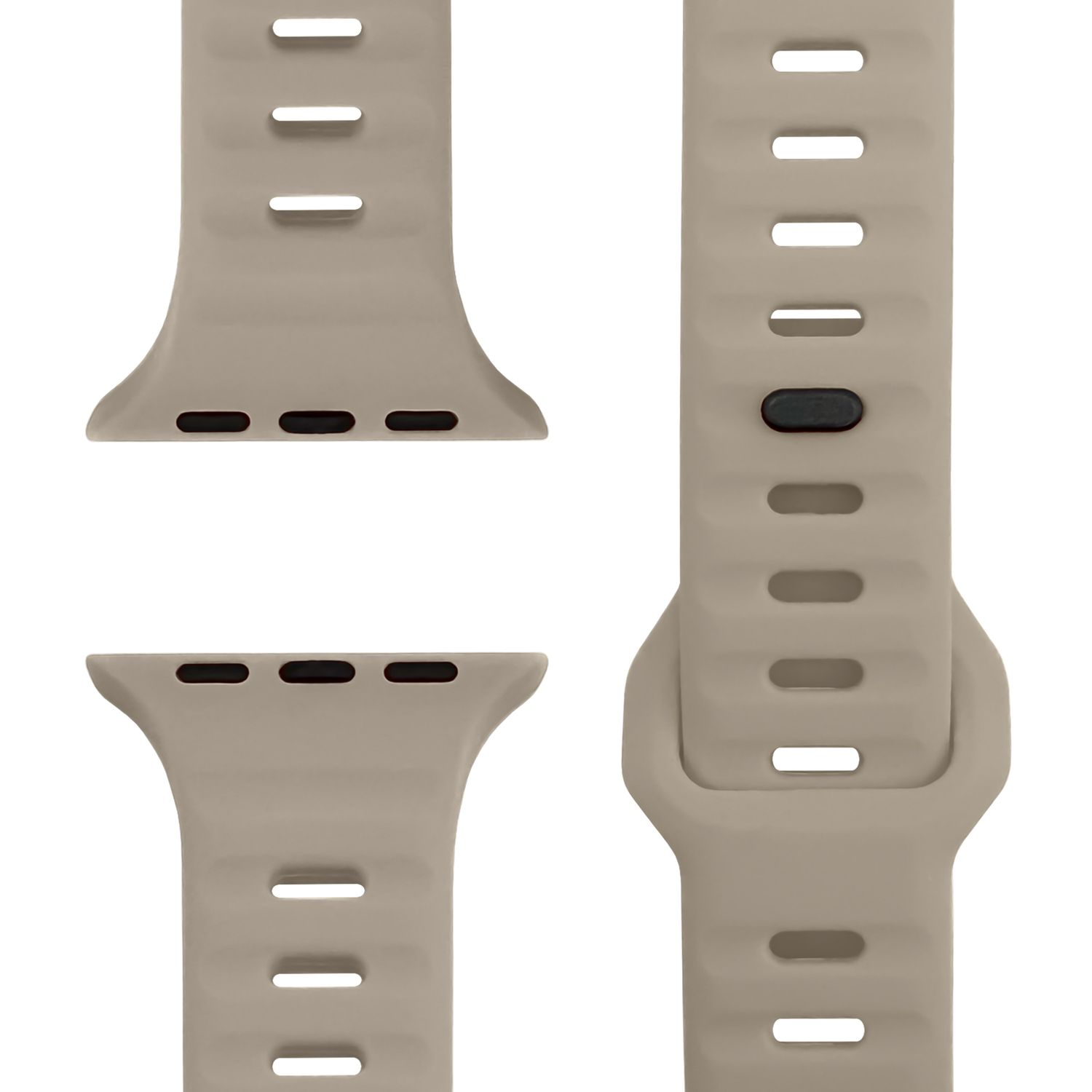 Nahaufnahme des beigefarbenen Uhrenarmbands. Drei Teile werden gezeigt, mit Löchern und Metallstift.