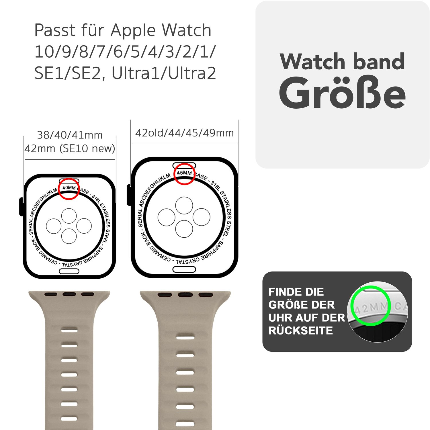 Diagramm mit Armbandgrößen für Apple Watch.