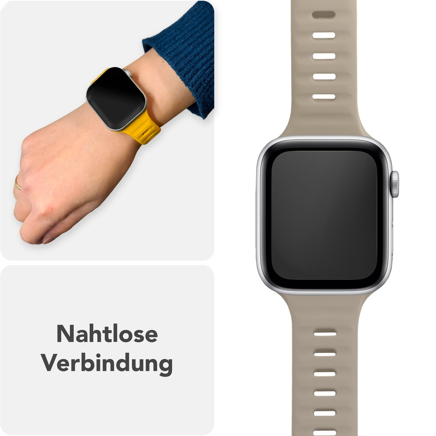 Beigefarbenes Uhrenarmband am Handgelenk, mit einer Uhr mit gelbem Band. Nahtlose Verbindung.