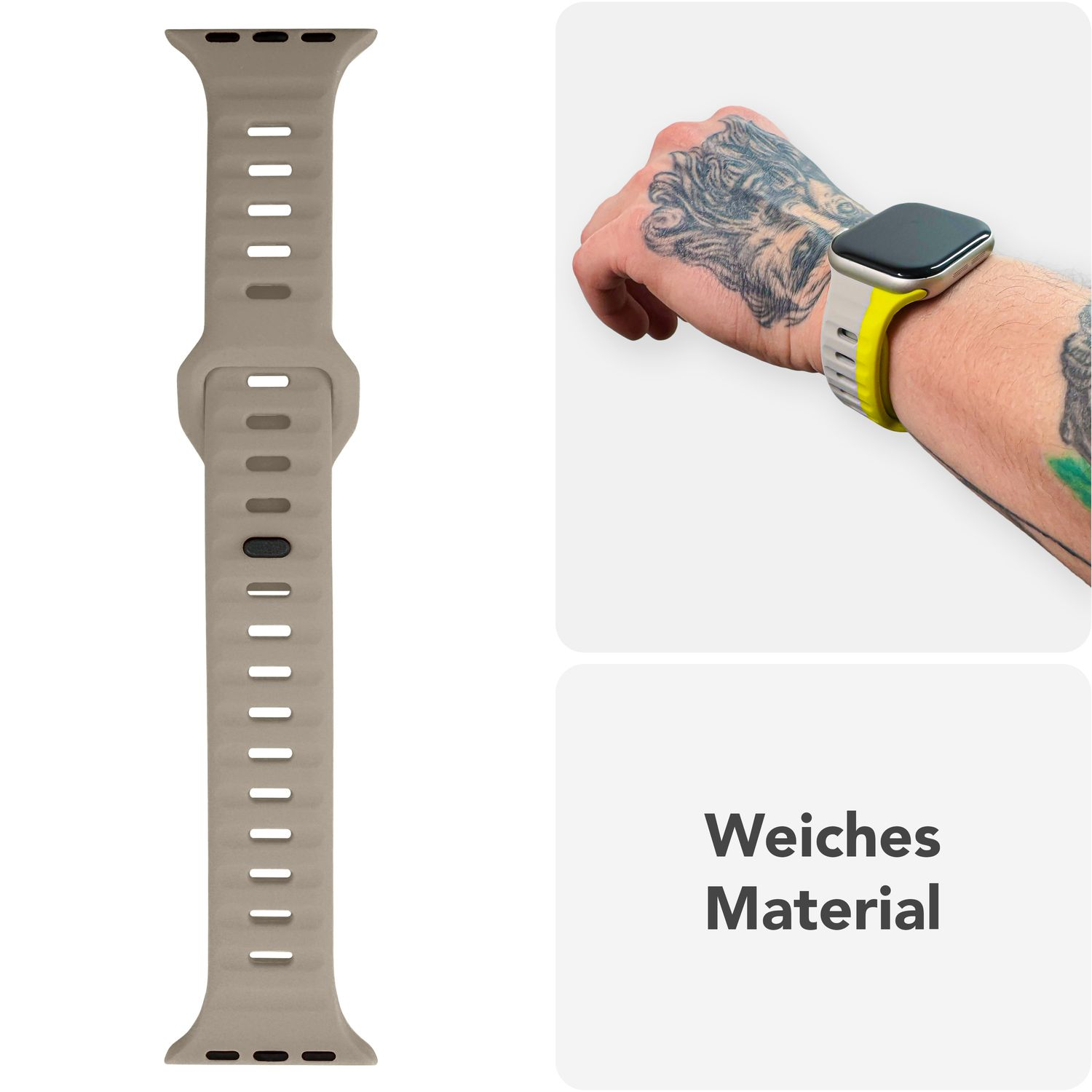 Tanfarbenes Uhrenarmband mit Löchern. Eine Hand trägt eine Uhr mit gelbem Band.