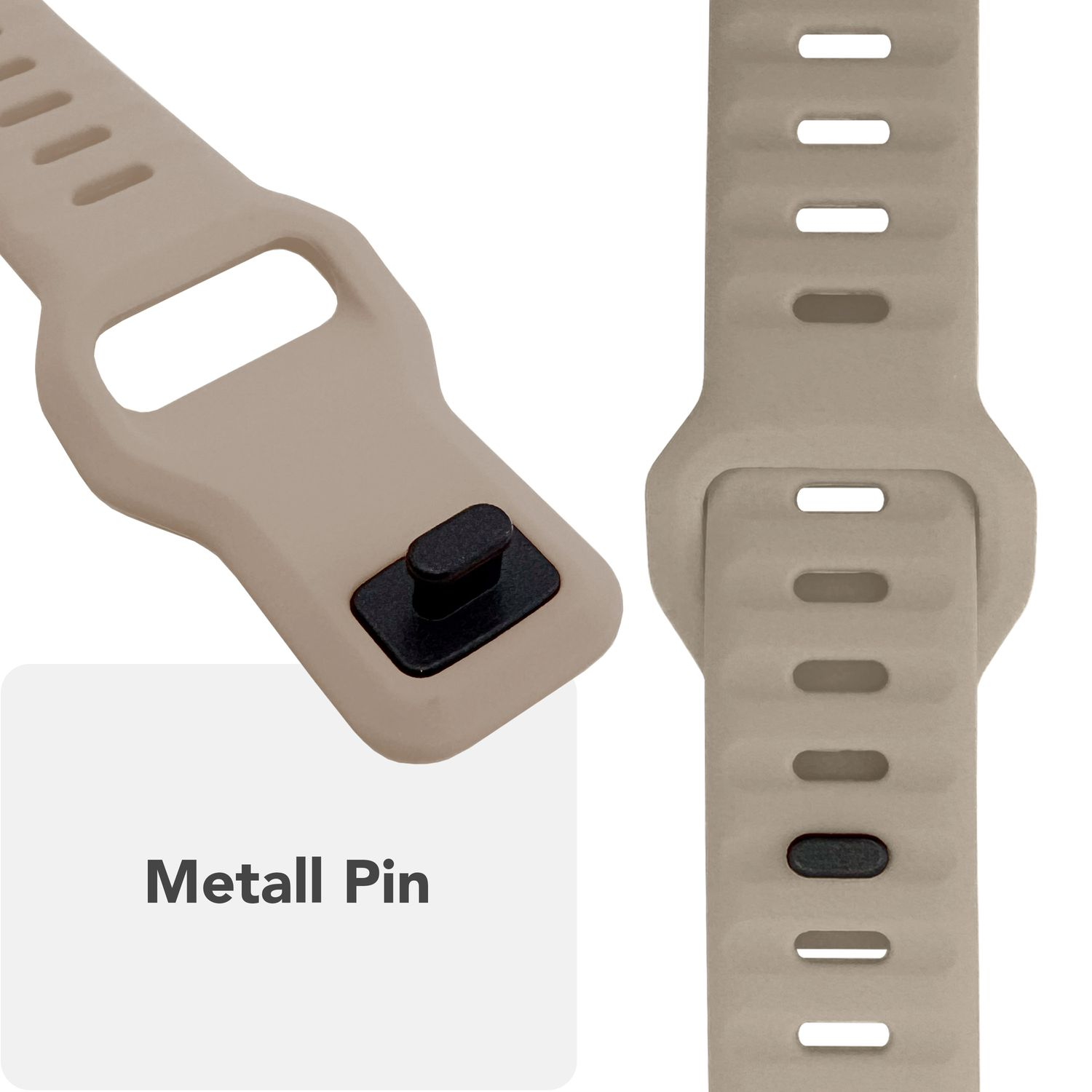 Nahaufnahme des Uhrenarmbands mit Metallstift. Details der Bandverbindung.