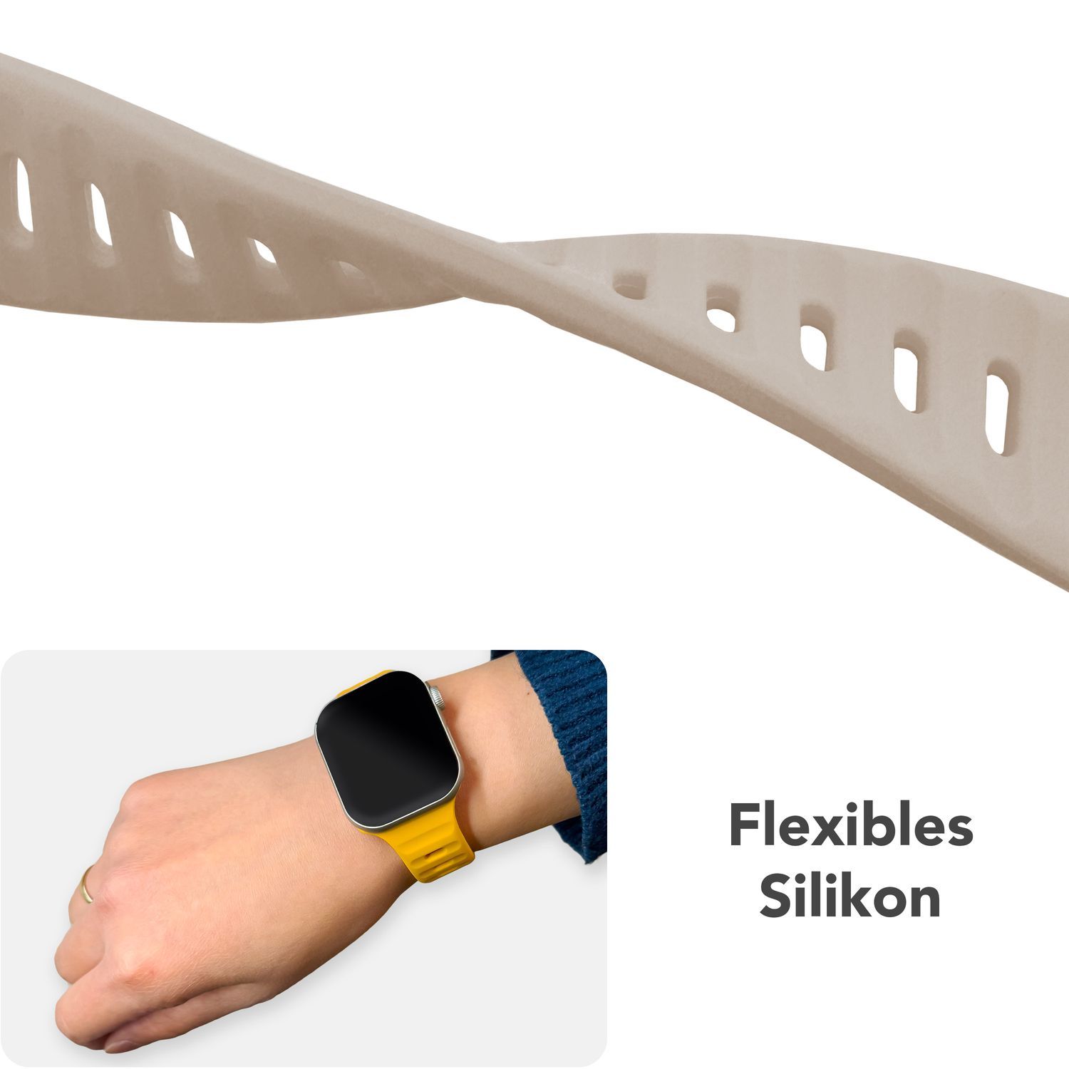 Ein Handgelenk mit einem beigefarbenen Uhrenarmband. Das Band ist gebogen und flexibel.