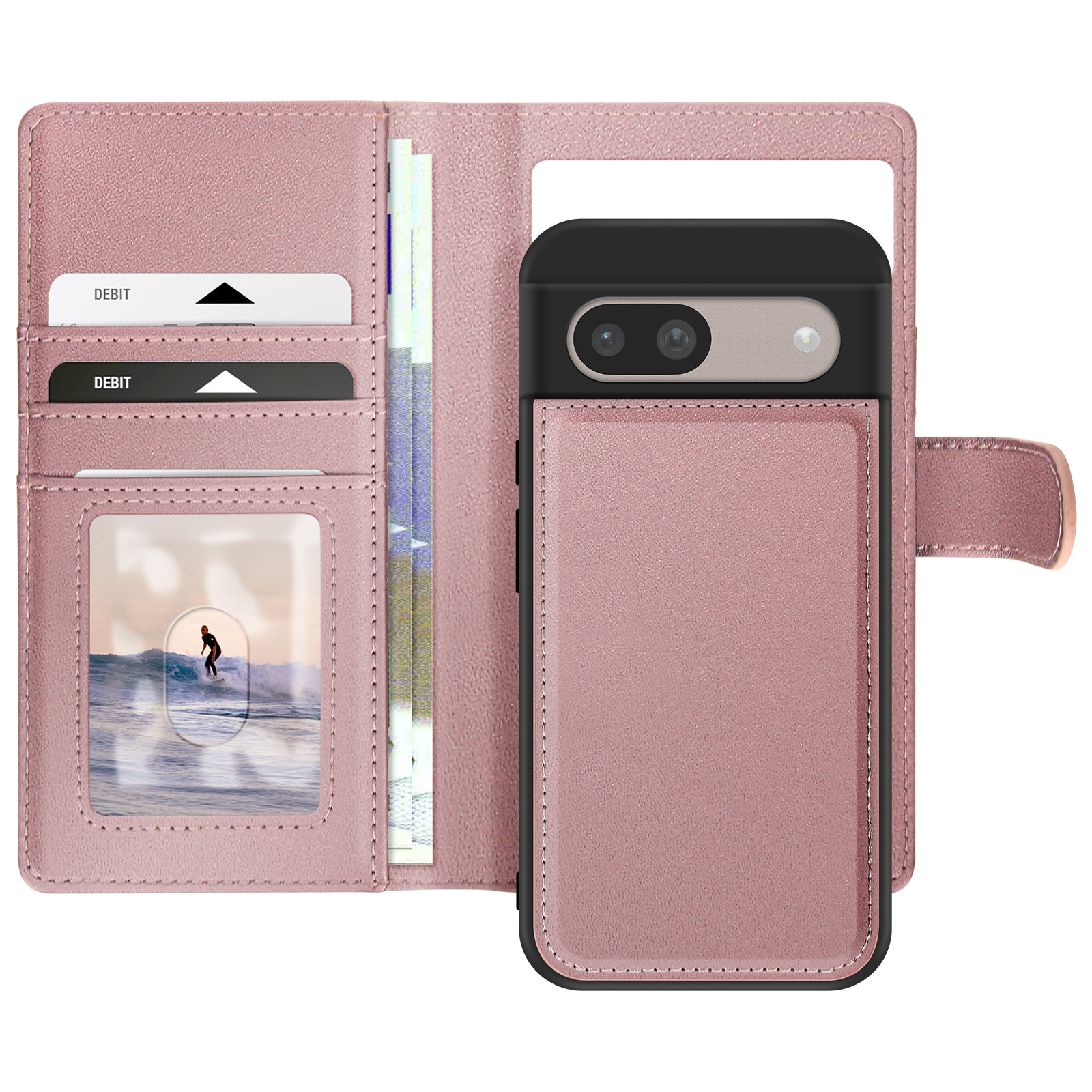 Custodia a portafoglio rosa con telefono dentro. Mostra carte, denaro e un surfista.
