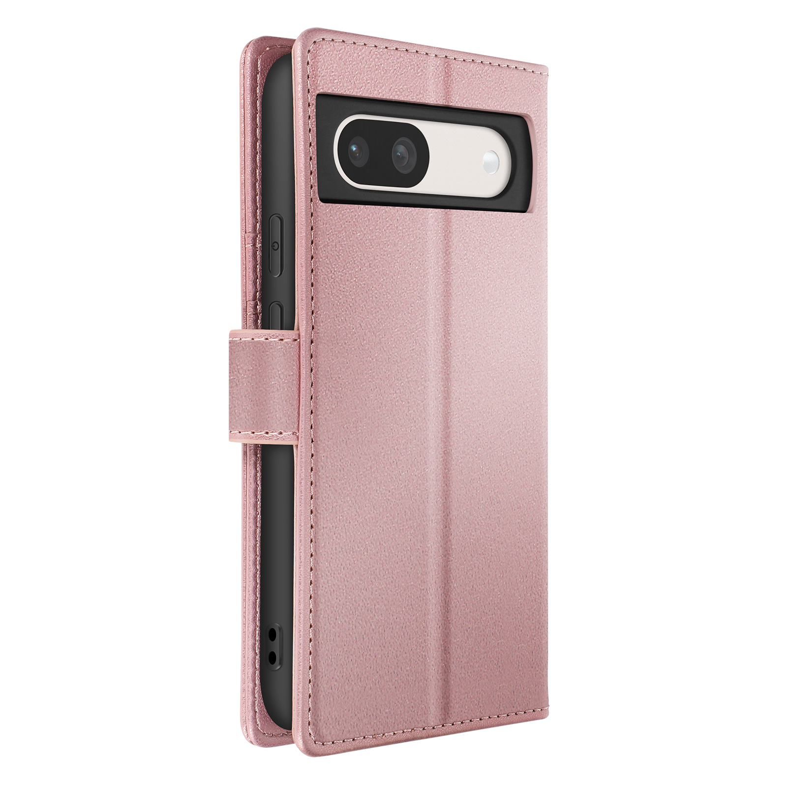 Custodia per telefono rosa, aperta. Un telefono è all'interno. La custodia ha una chiusura magnetica.
