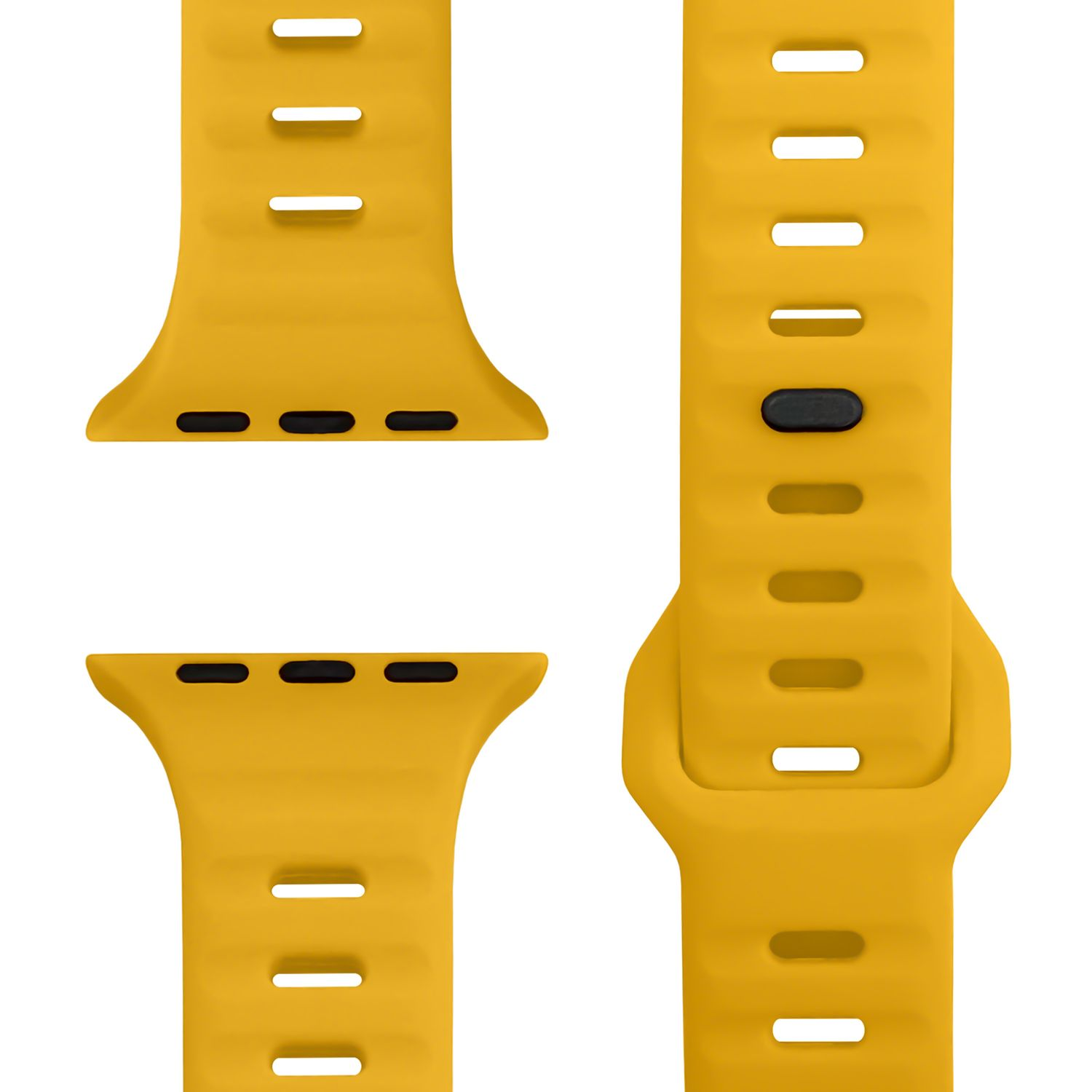 Senfgelbe Uhrenarmbänder. Zwei Teile werden gezeigt, eines mit Löchern und eines mit Verschluss.