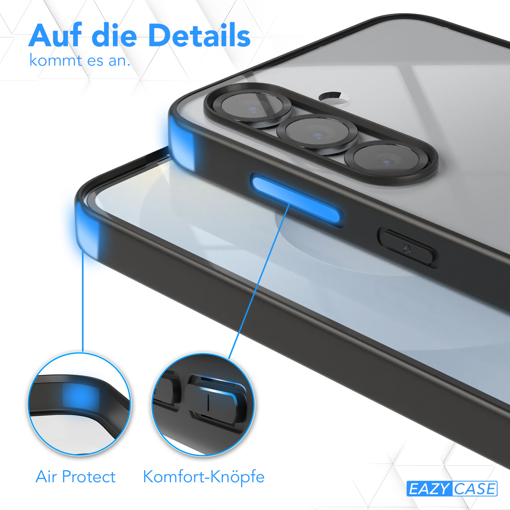 Eine Handyhülle, Nahaufnahme zeigt Tasten Details und die Worte 'Air Protect' und 'Komfort-Knöpfe'.