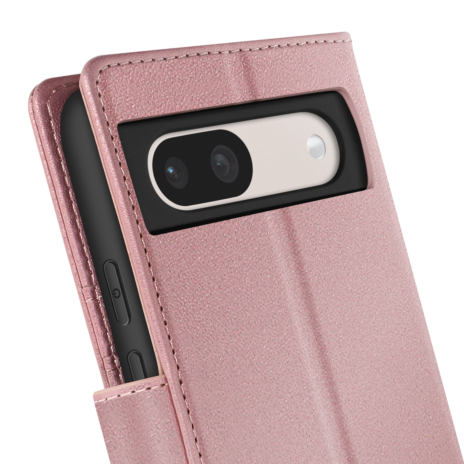 Primo piano di una custodia rosa con un telefono all'interno. Due obiettivi.