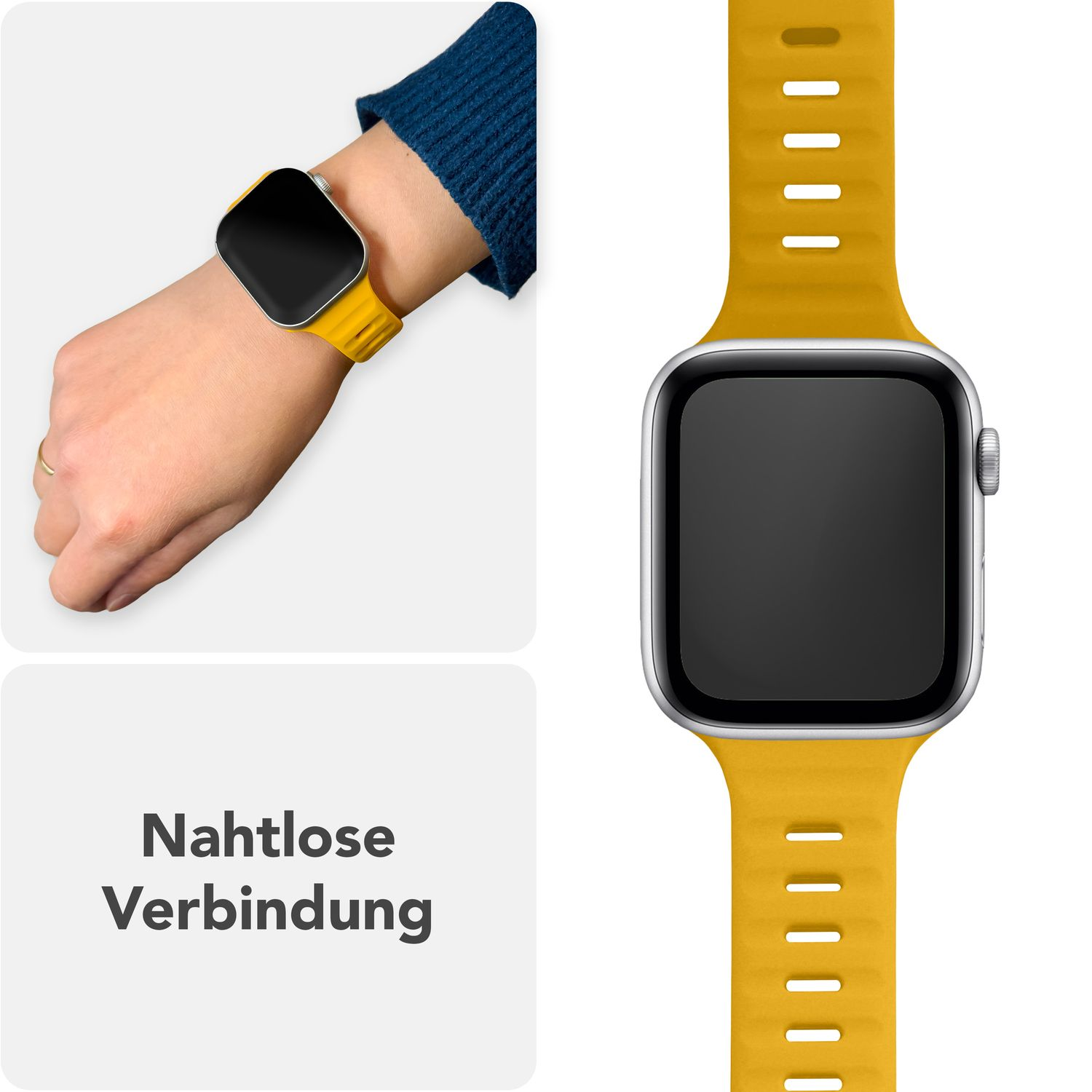 Handgelenk mit gelbem Uhrenarmband und Uhr. Text: Nahtlose Verbindung.