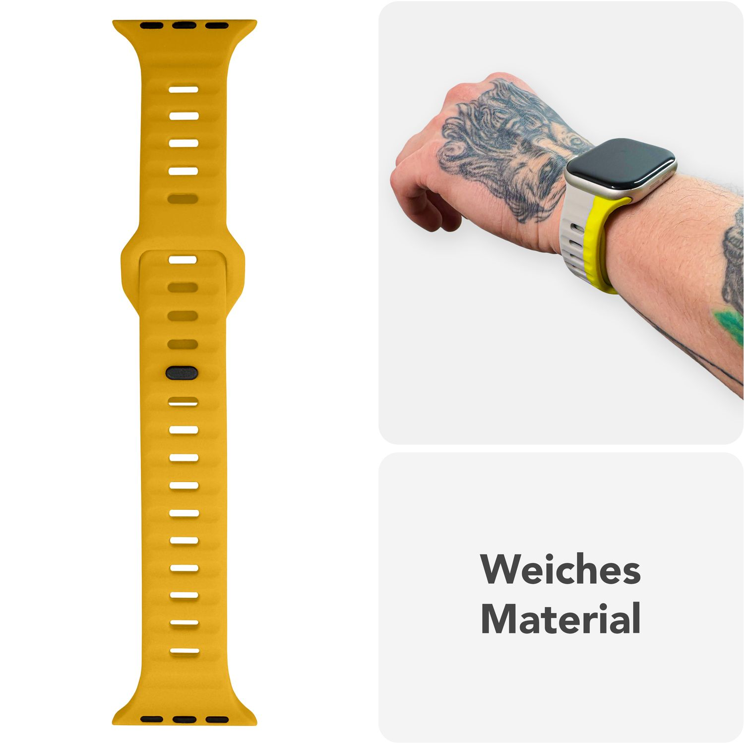 Gelbes Uhrenarmband. Nahaufnahme eines Handgelenks mit Uhr. Text: Flexibles Silikon.
