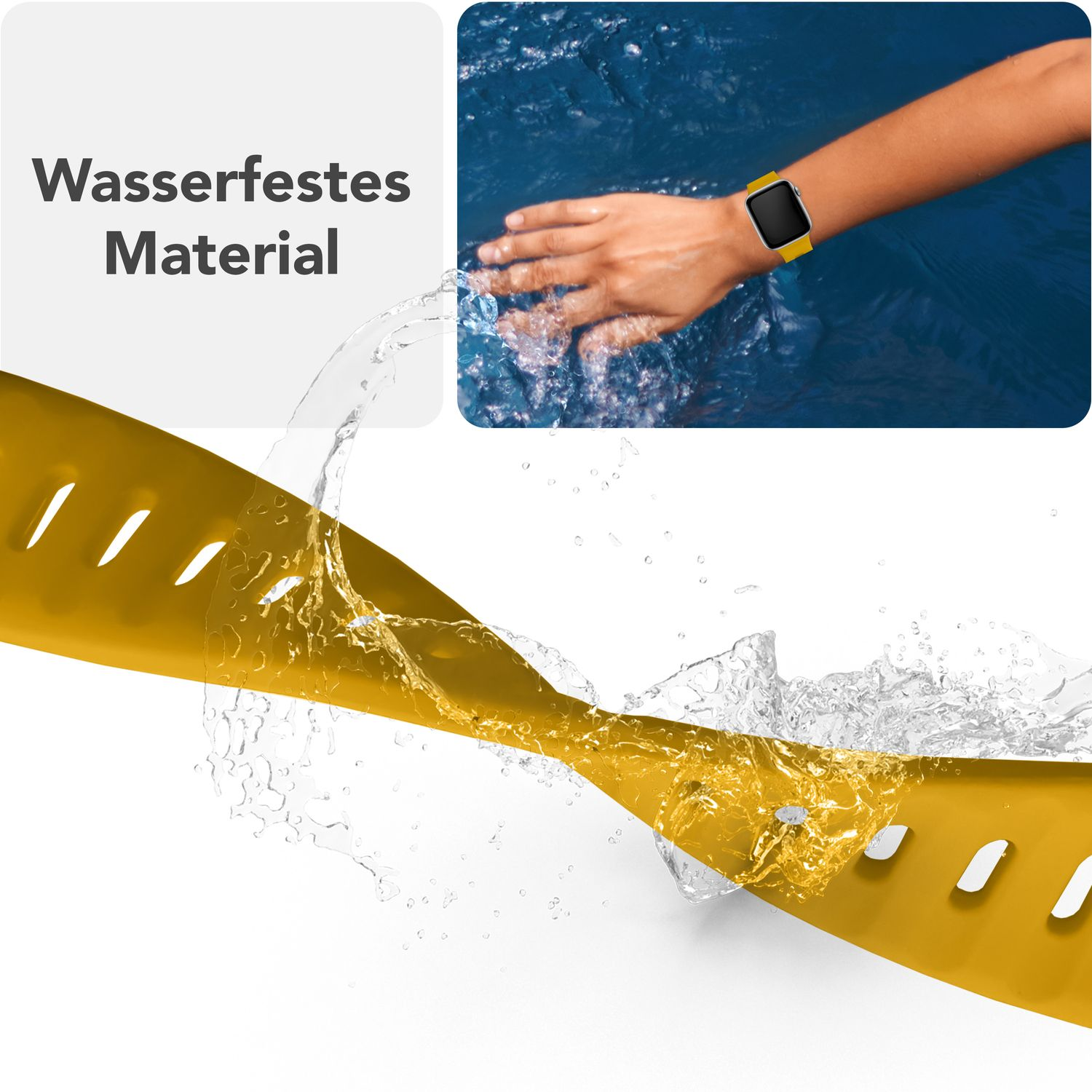 Gelbes Uhrenarmband mit Wassertropfen. Uhr im Wasser getragen. Text: Wasserdicht.