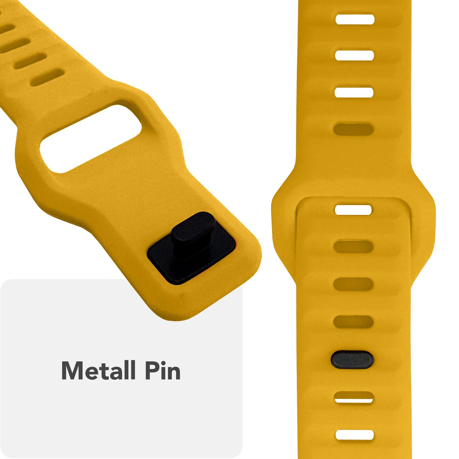 Gelbe Uhrenarmbandteile. Ein Teil zeigt einen Metallstift, das andere hat Löcher.