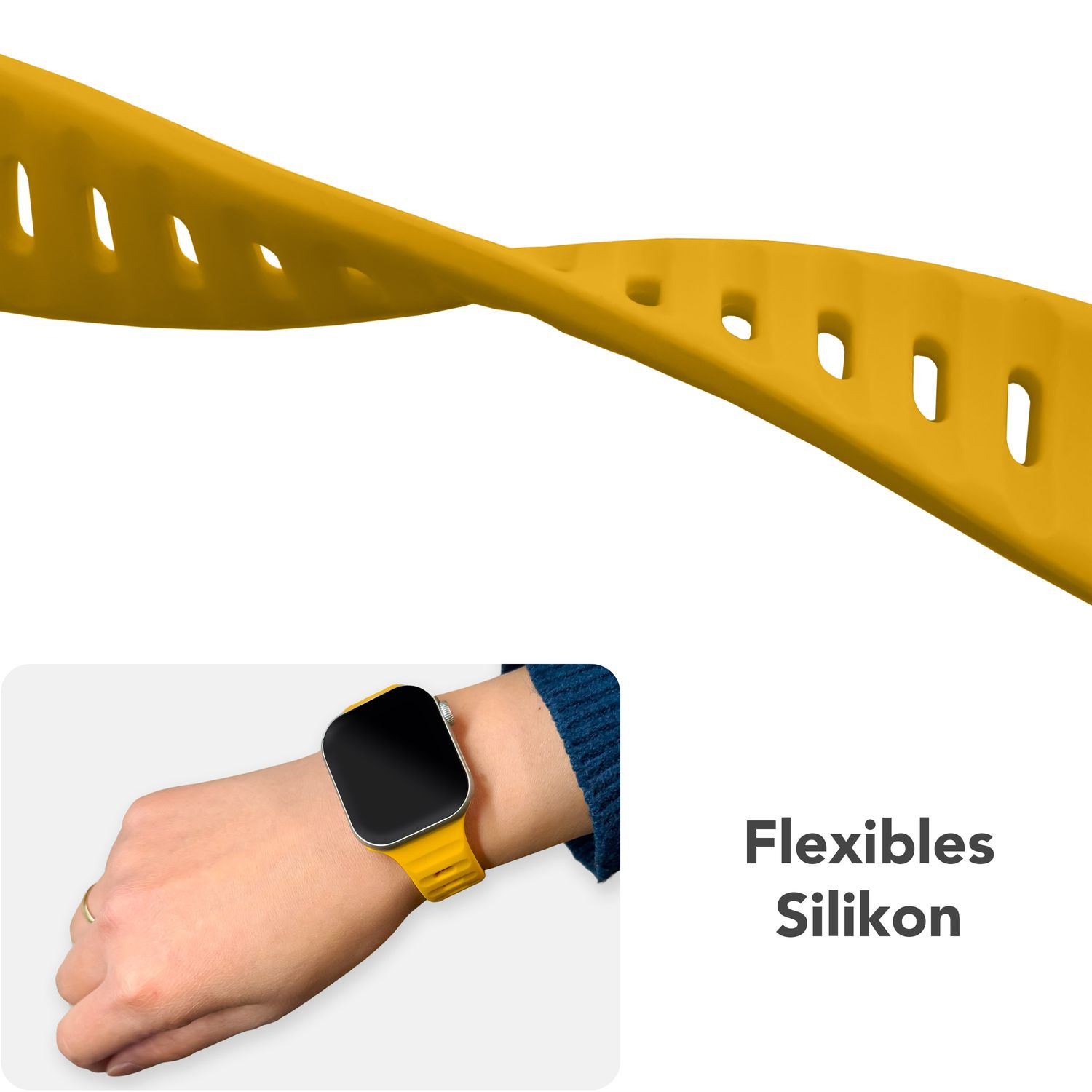 Gelbes Uhrenarmband am Handgelenk, mit flexiblem Silikontext, weißer Hintergrund.