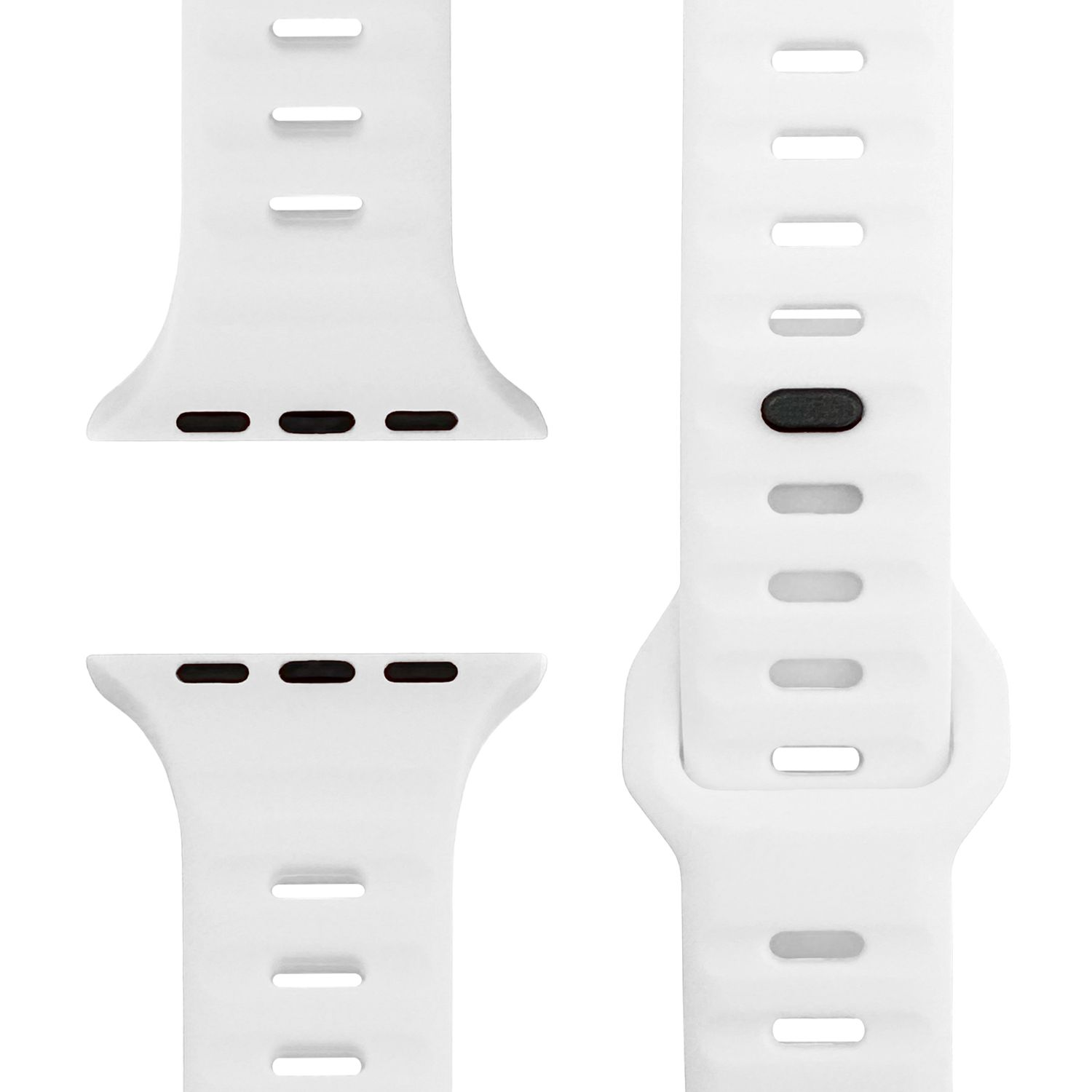 Drei weiße Uhrenarmbandteile vor weißem Hintergrund. Sie haben Schlitze für das Armband.