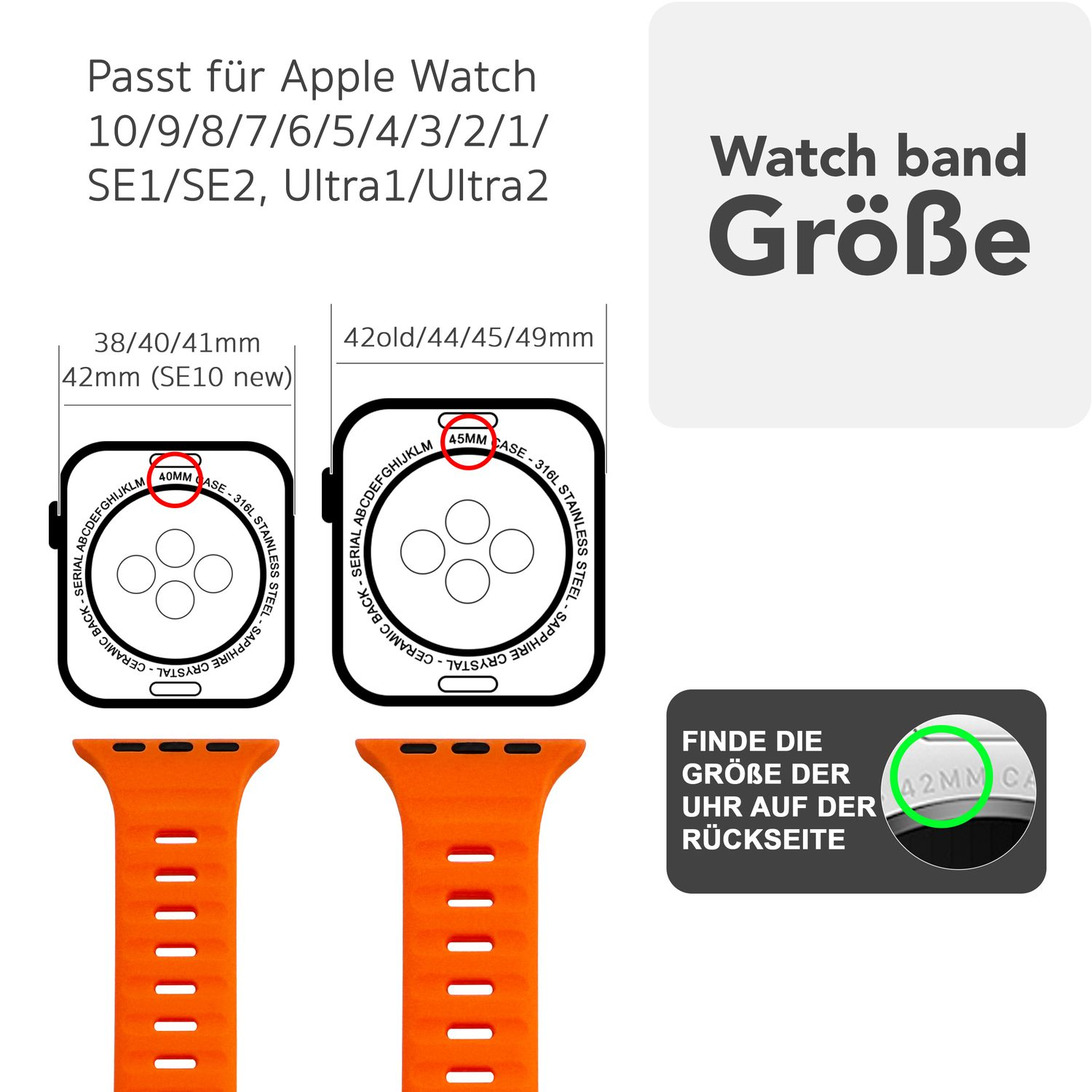 Diagramm der Apple Watch-Größen. Oranges Armband und Zifferblätter werden mit Größenangaben angezeigt.