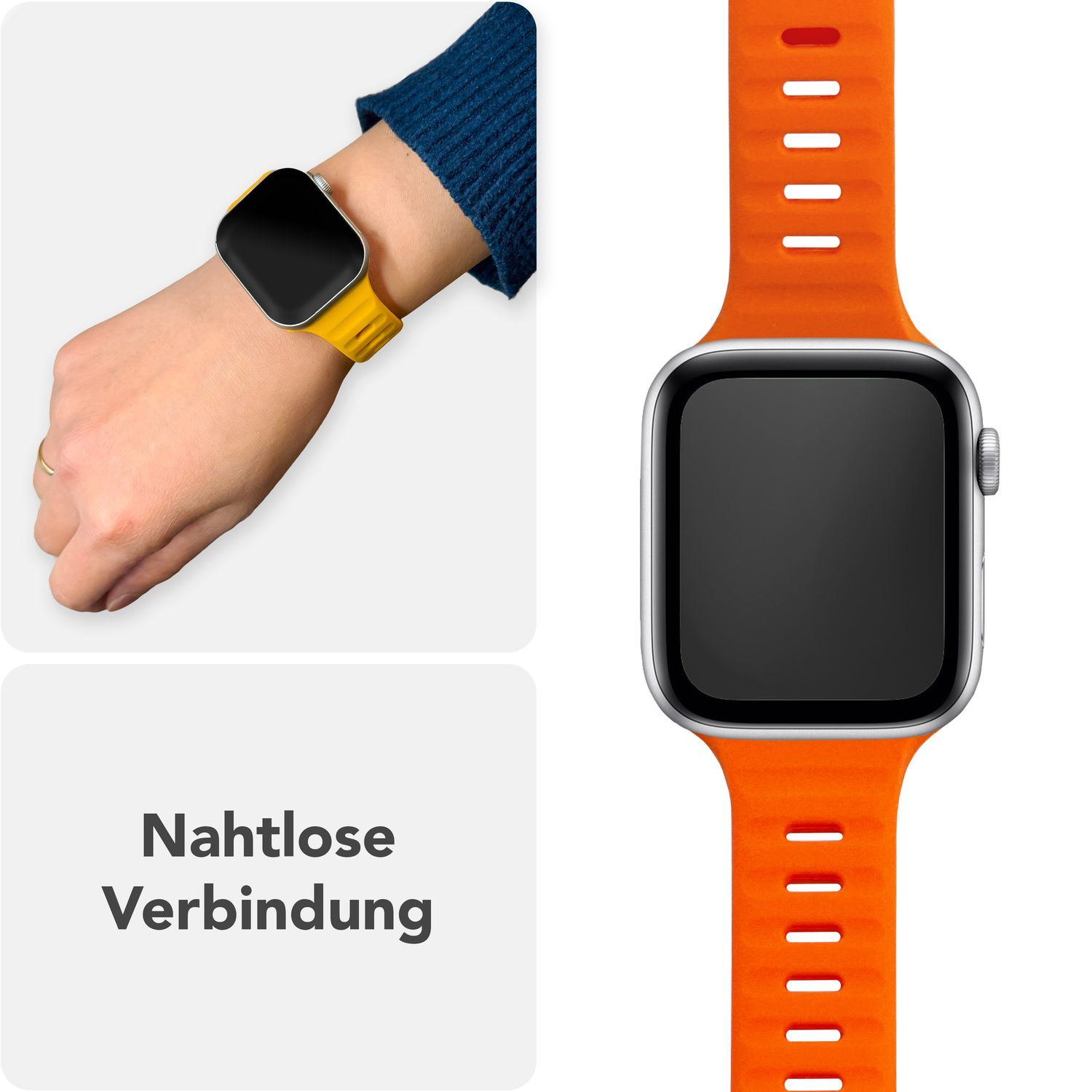 Eine Person trägt eine gelbe Uhr und ein orangefarbenes Armband neben einer Uhr.
