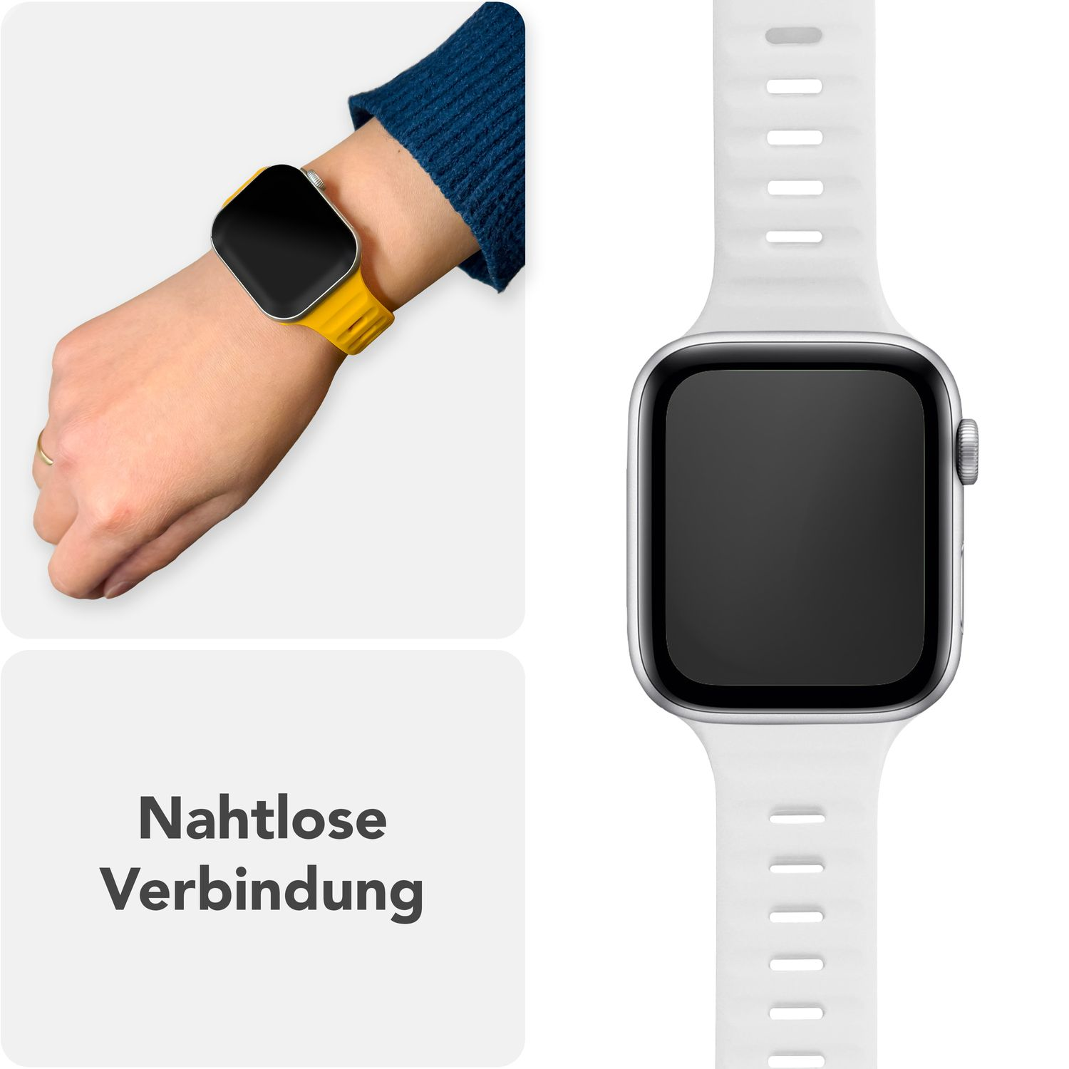 Eine Person trägt eine gelbe Uhr und ein weißes Armband neben einer Uhr.