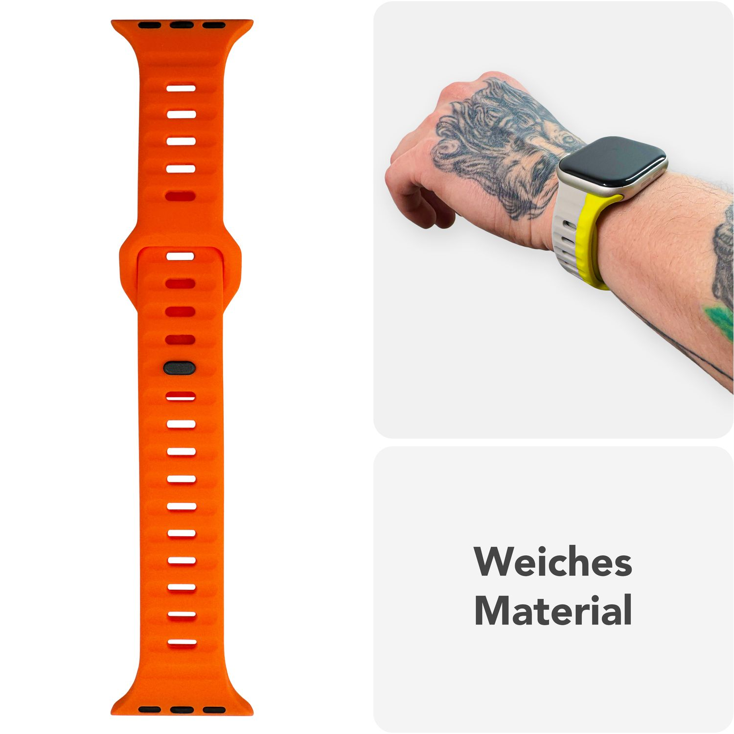 Oranges Uhrenarmband mit Uhr am Handgelenk. Der Text lautet 'Weiches Material'.