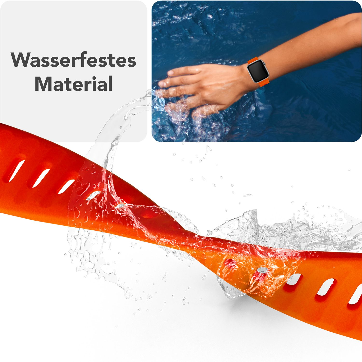 Oranges Uhrenarmband mit Wasserspritzern. Text lautet 'Wasserfestes Material'.