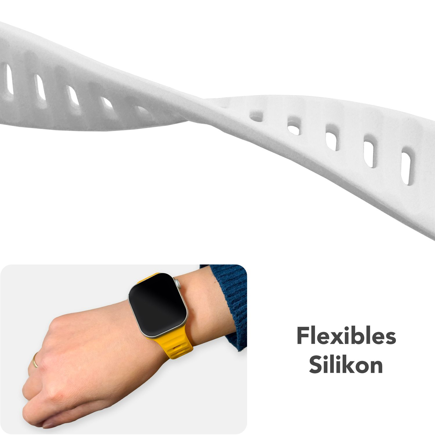 Eine Person trägt eine gelbe Uhr mit weißem, flexiblem Silikon-Armband.