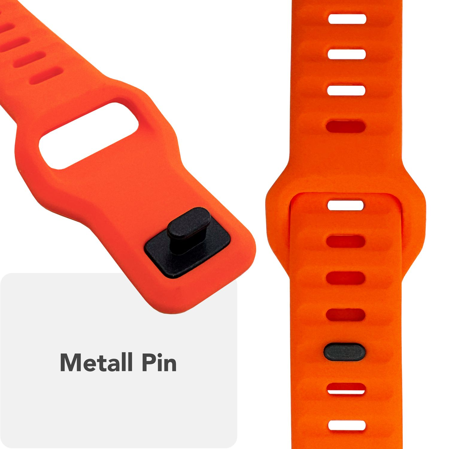 Nahaufnahme eines orangefarbenen Uhrenarmbands mit schwarzem Metallstift.