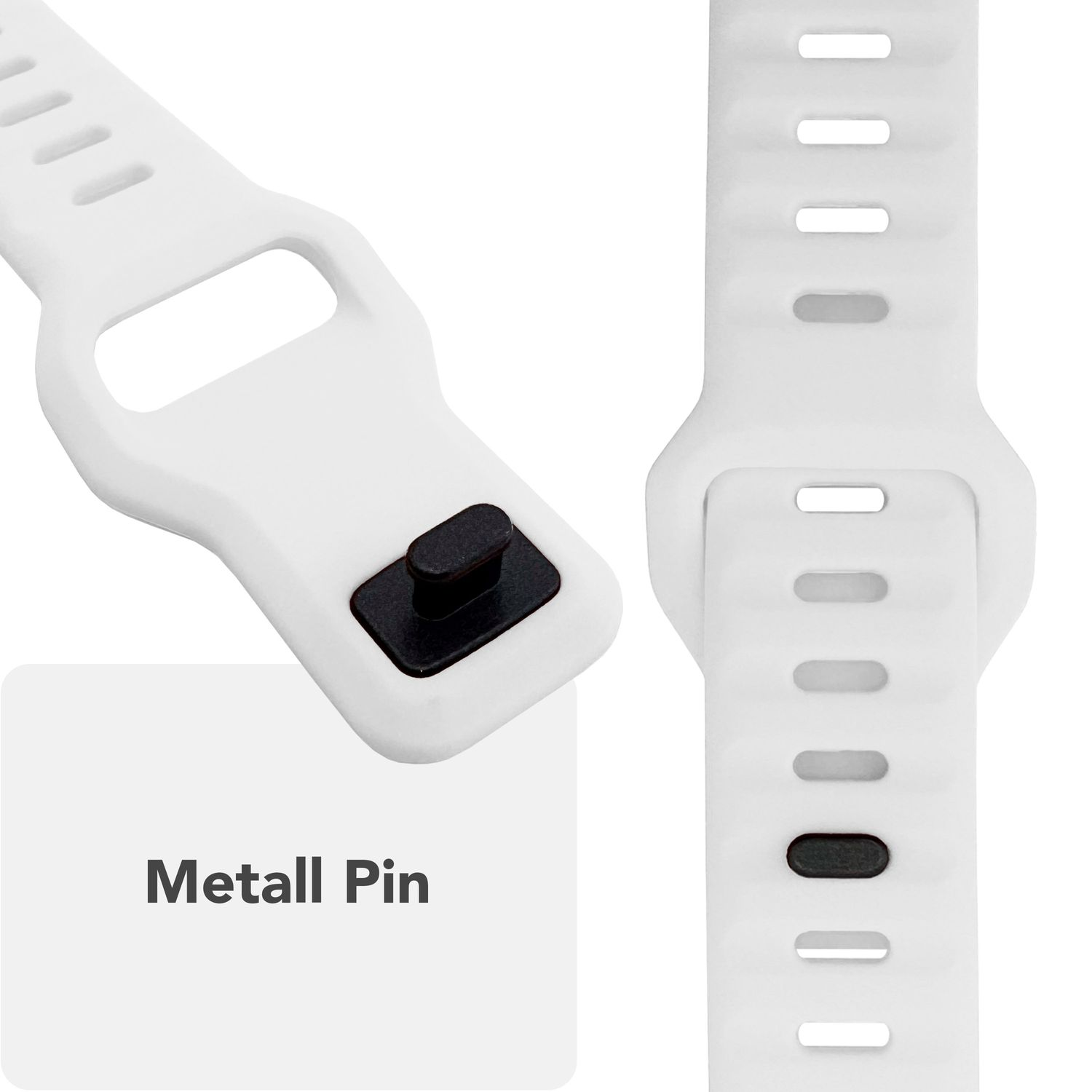 Nahaufnahme eines weißen Uhrenarmbands mit schwarzem Metallstift.
