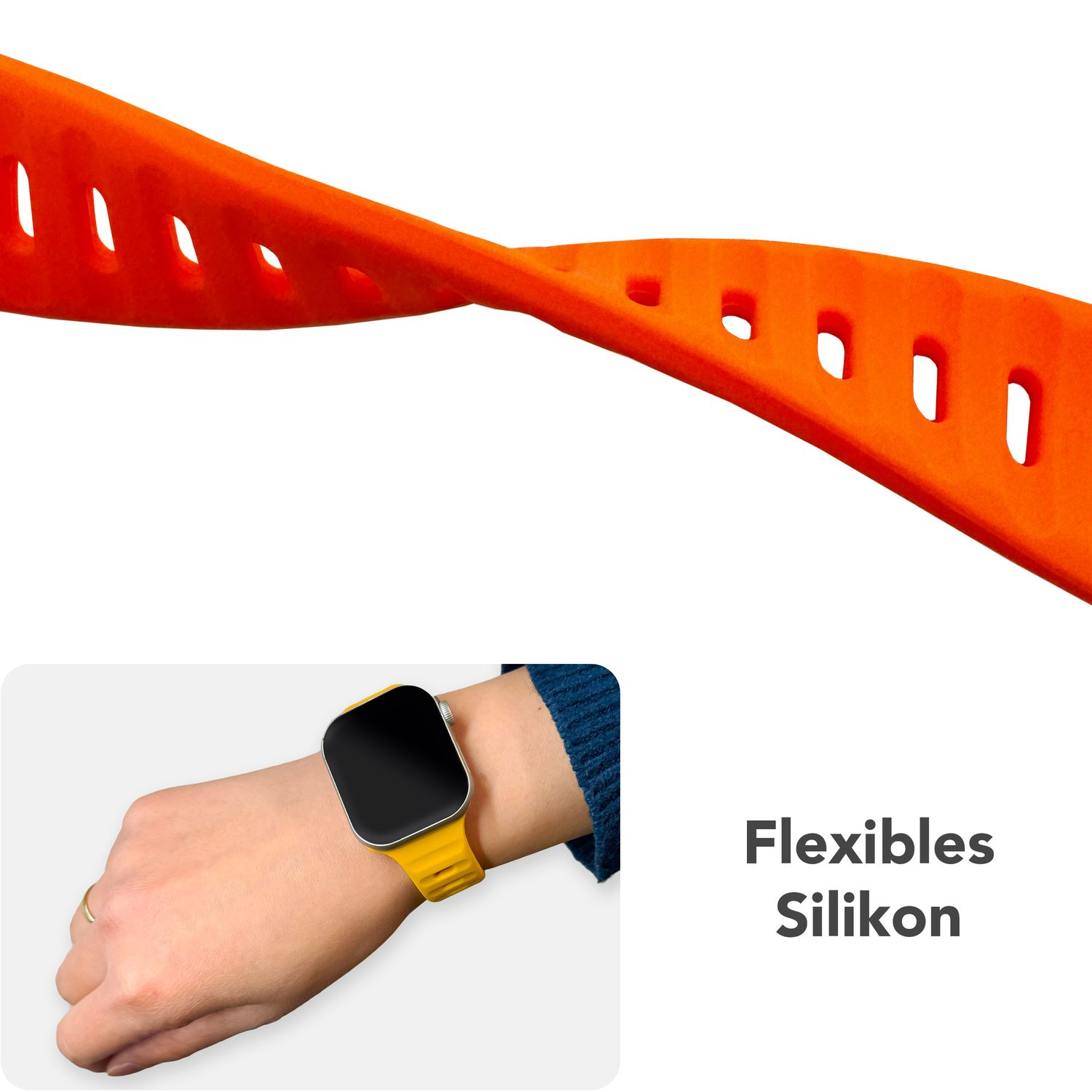 Oranges Uhrenarmband wird gebogen, mit Uhr am Handgelenk. Text: 'Flexibles Silikon'.